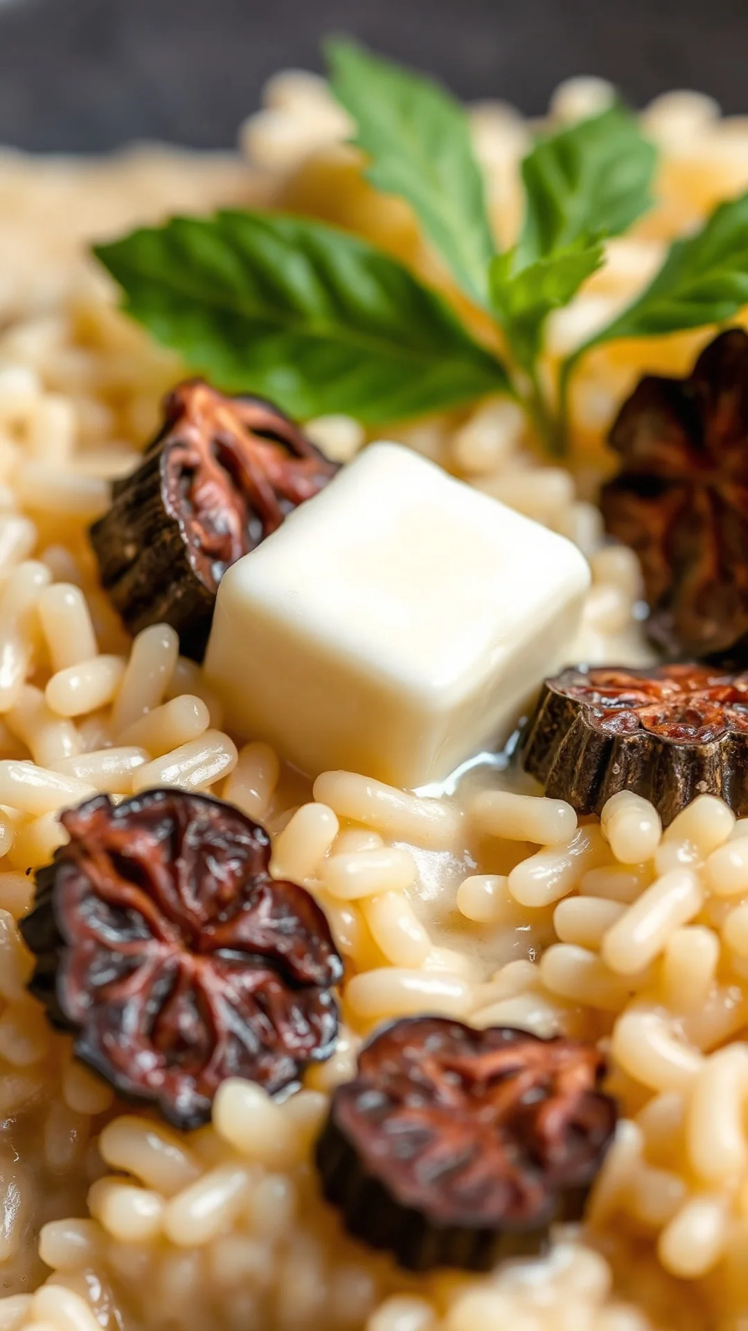 Close-up macro shot of creamy risotto with fresh black truffle slices, butter melting, parmesan cheese, luxurious gourmet Ita