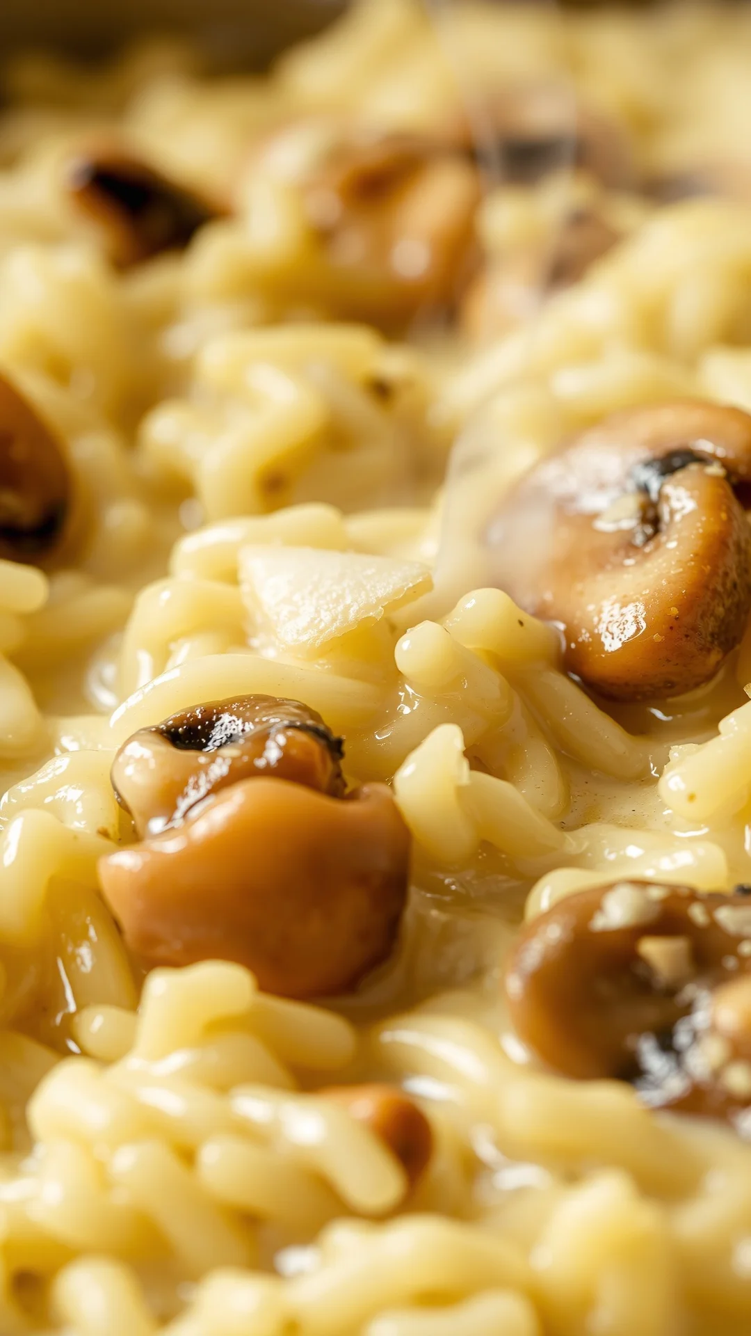 Close-up macro shot of creamy risotto with visible leeks and mushroom pieces, melting butter and parmesan, steam rising, food