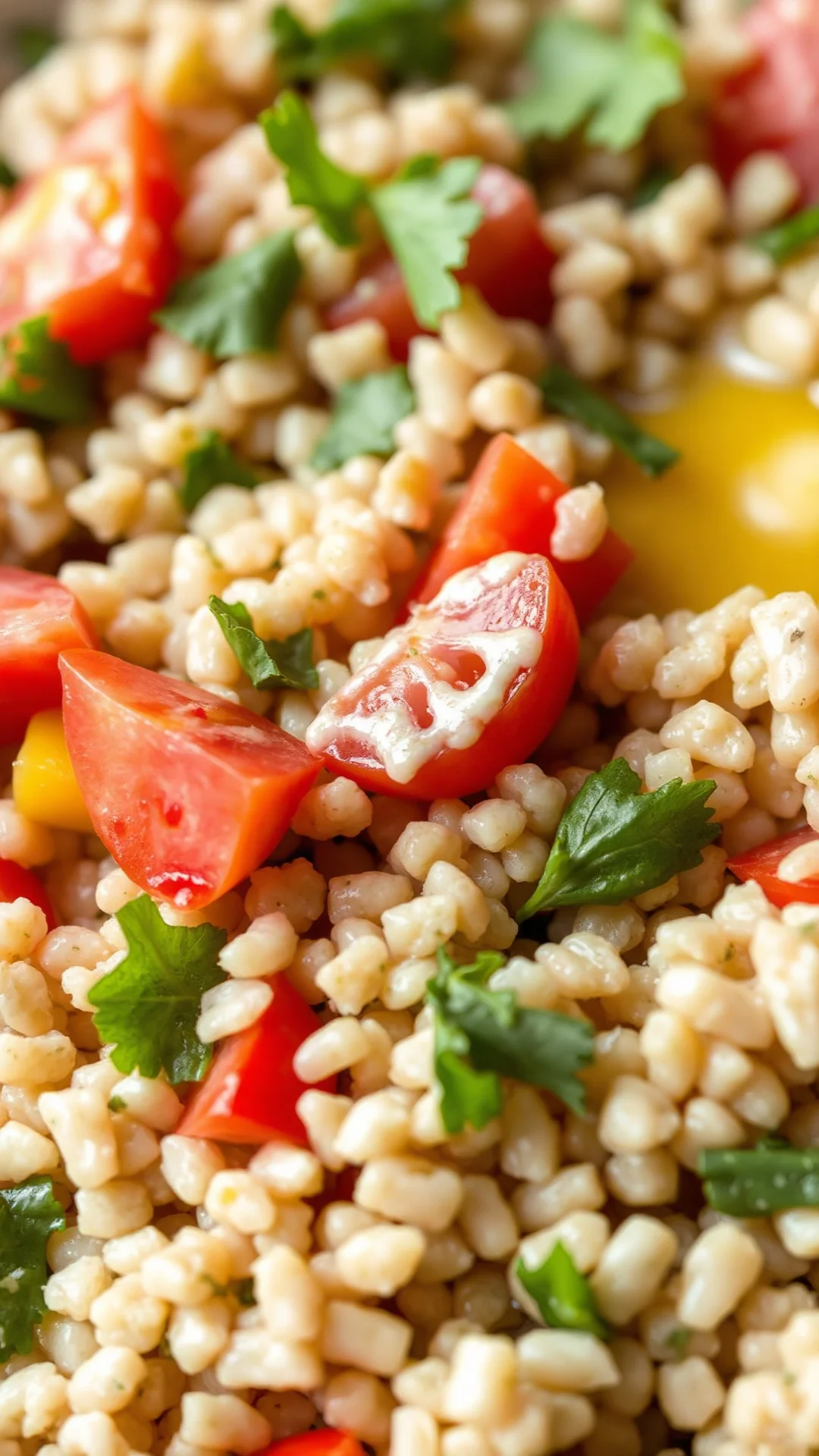 Close-up macro shot of creamy tabbouleh salad texture, bulgur grains mixed with fresh herbs, diced tomatoes, drizzled olive o
