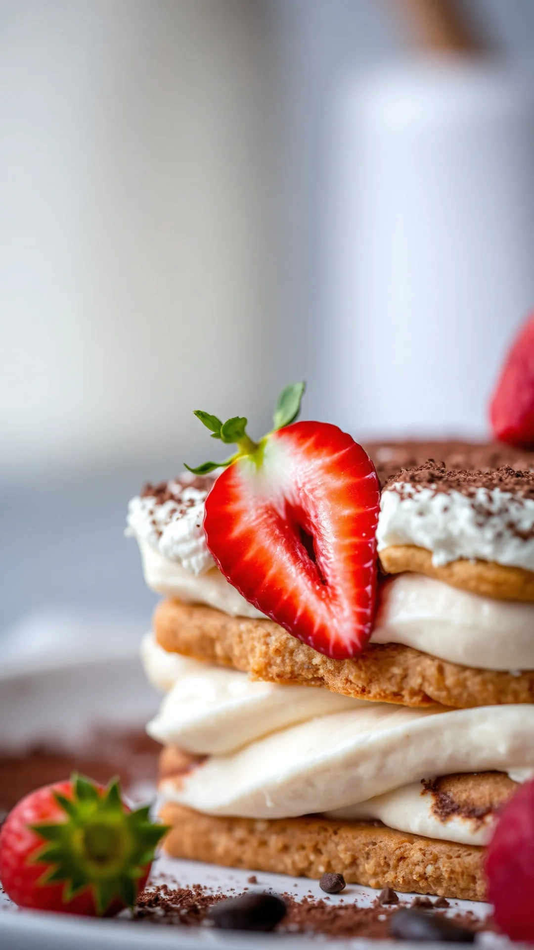 Close-up macro shot of creamy tiramisu with fresh strawberry slice, mascarpone texture, cookie layer detail, cocoa powder spr