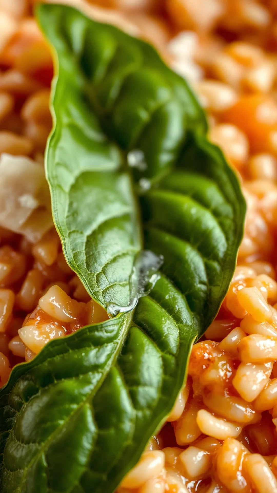 Close-up macro shot of creamy tomato risotto with fresh basil leaf and melted parmesan, luxurious food detail photography
