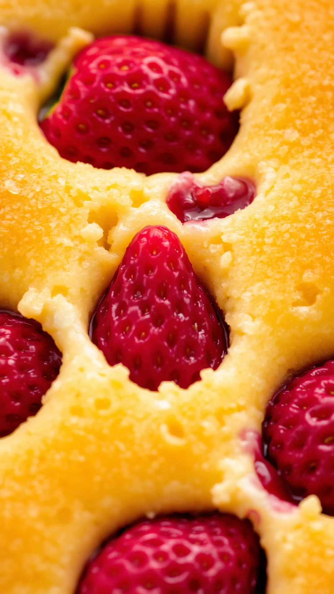 Close-up macro shot of fresh red strawberries embedded in soft golden sponge cake batter, moist texture, vibrant colors, dess