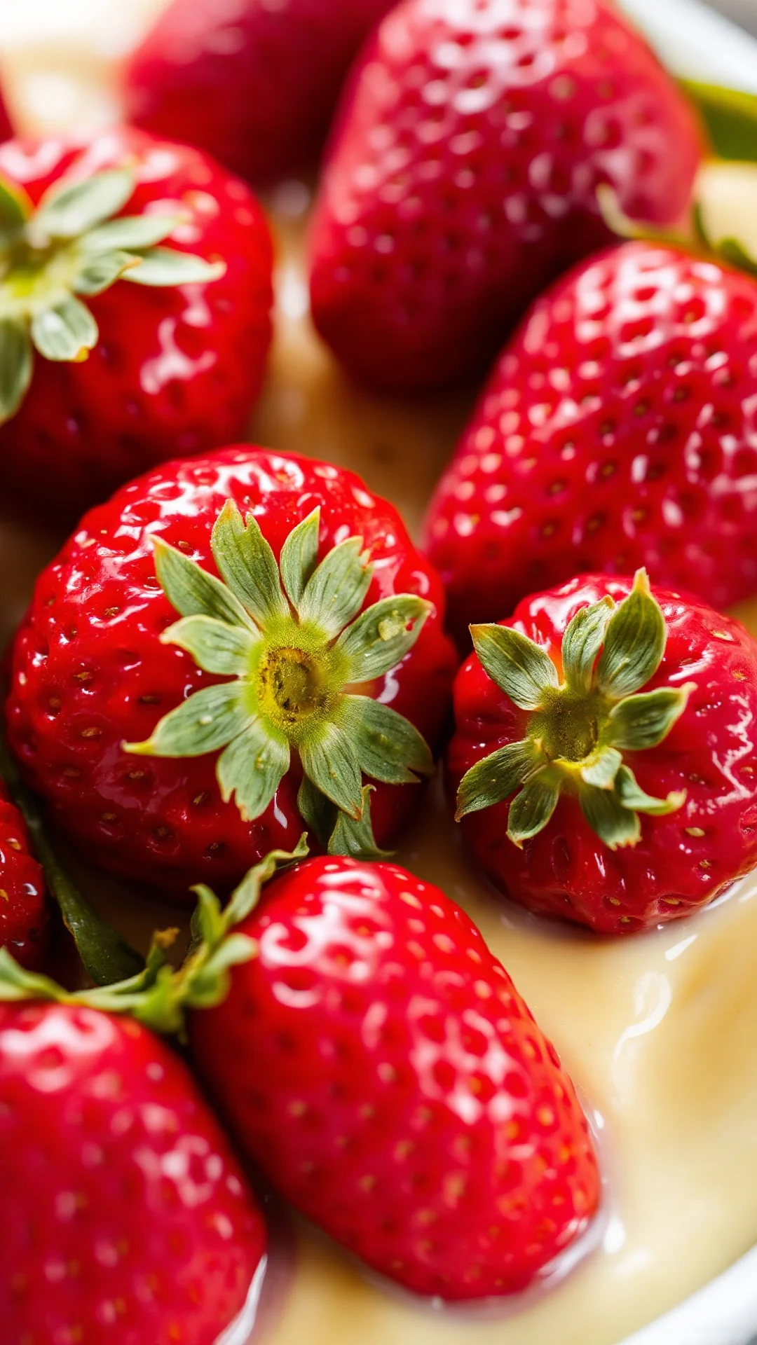 Close-up macro shot of fresh ripe strawberries arranged on creamy custard filling, vibrant red color, glistening wet appearan