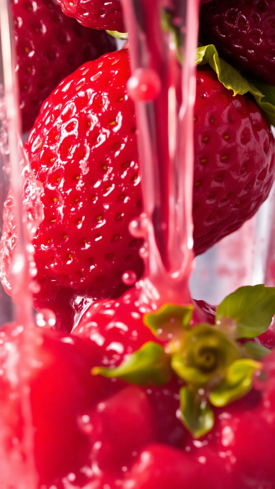 Close-up macro shot of fresh ripe strawberries being blended, vibrant red pulp texture, juice splashing, detailed fruit fiber