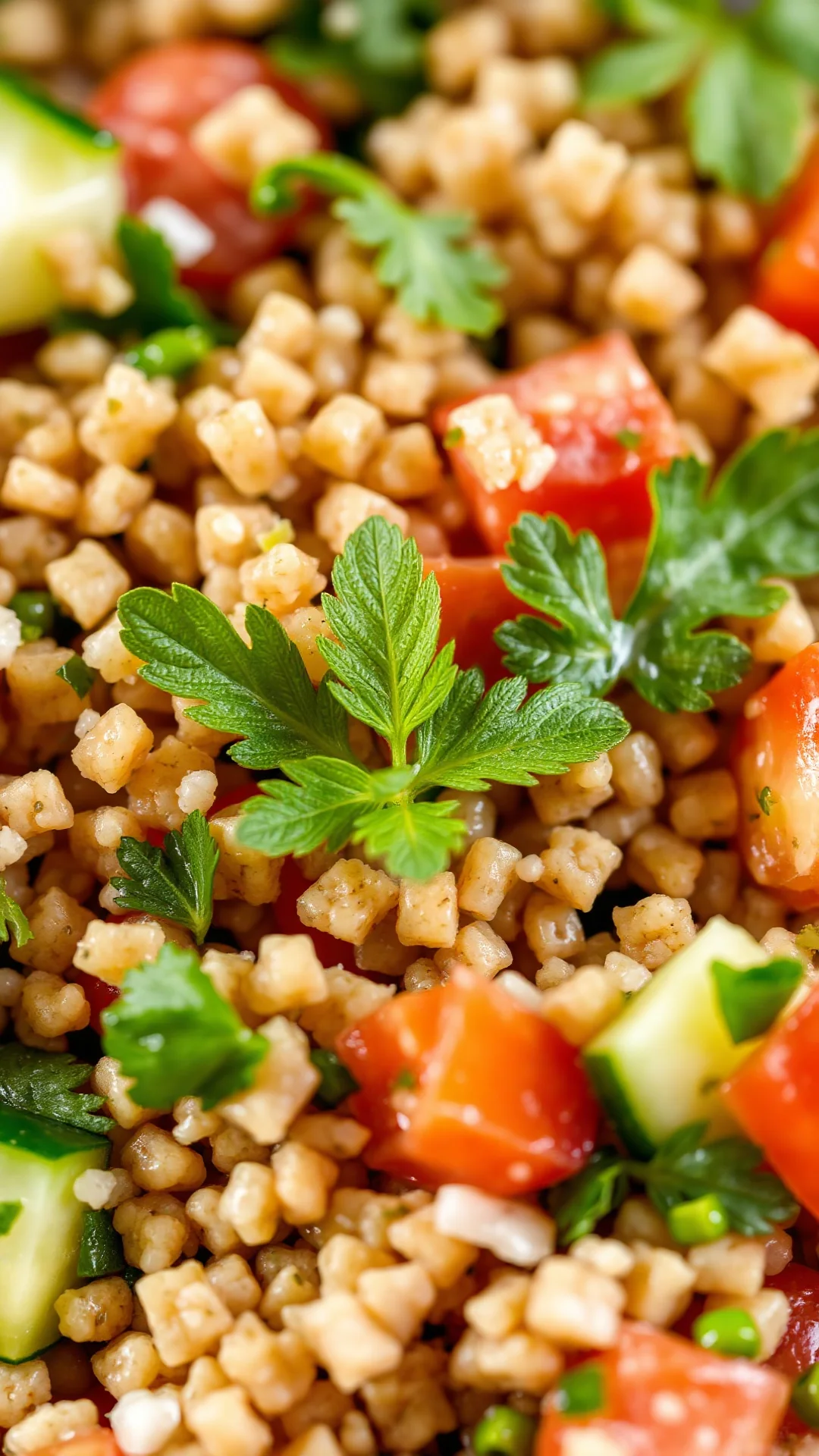 Close-up macro shot of fresh tabbouleh with glistening bulgur grains, bright green parsley, fresh mint leaves, diced tomatoes