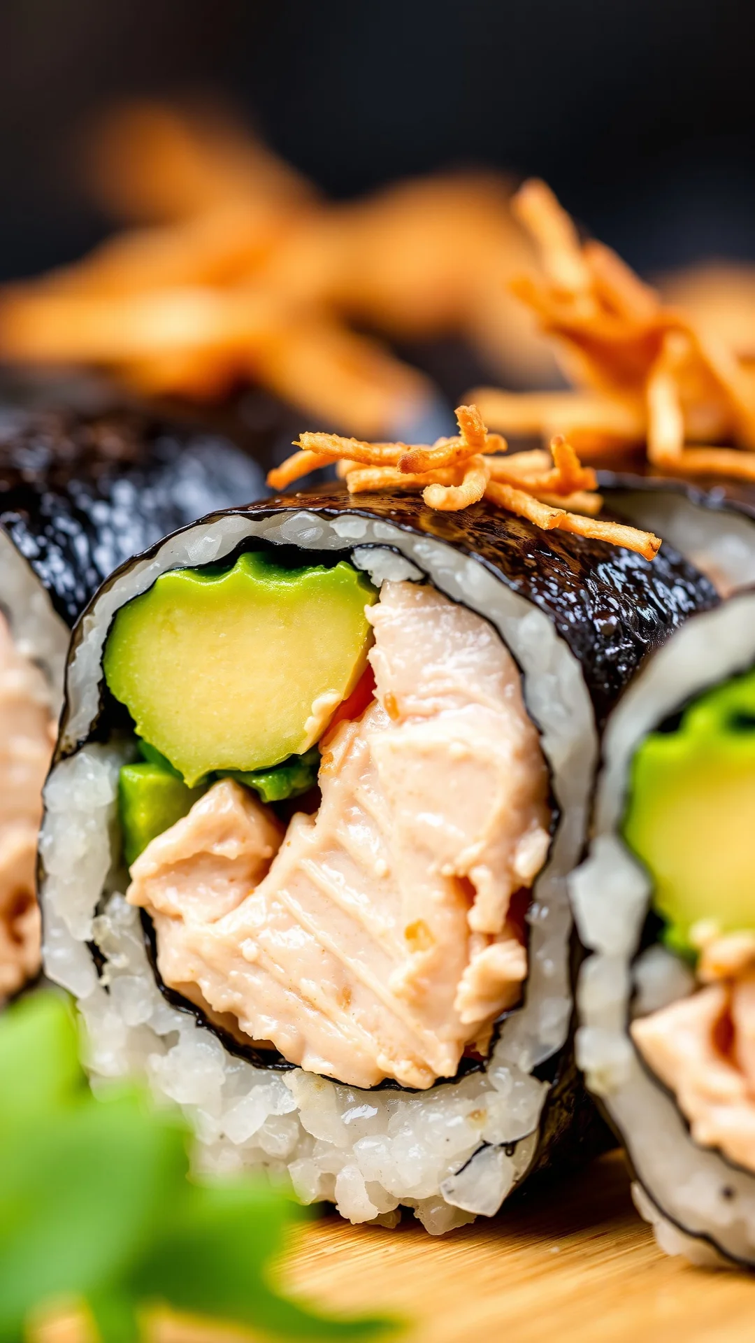 Close-up macro shot of freshly cut sushi roll with tender chicken, creamy avocado, crispy nori, detailed texture, vibrant col