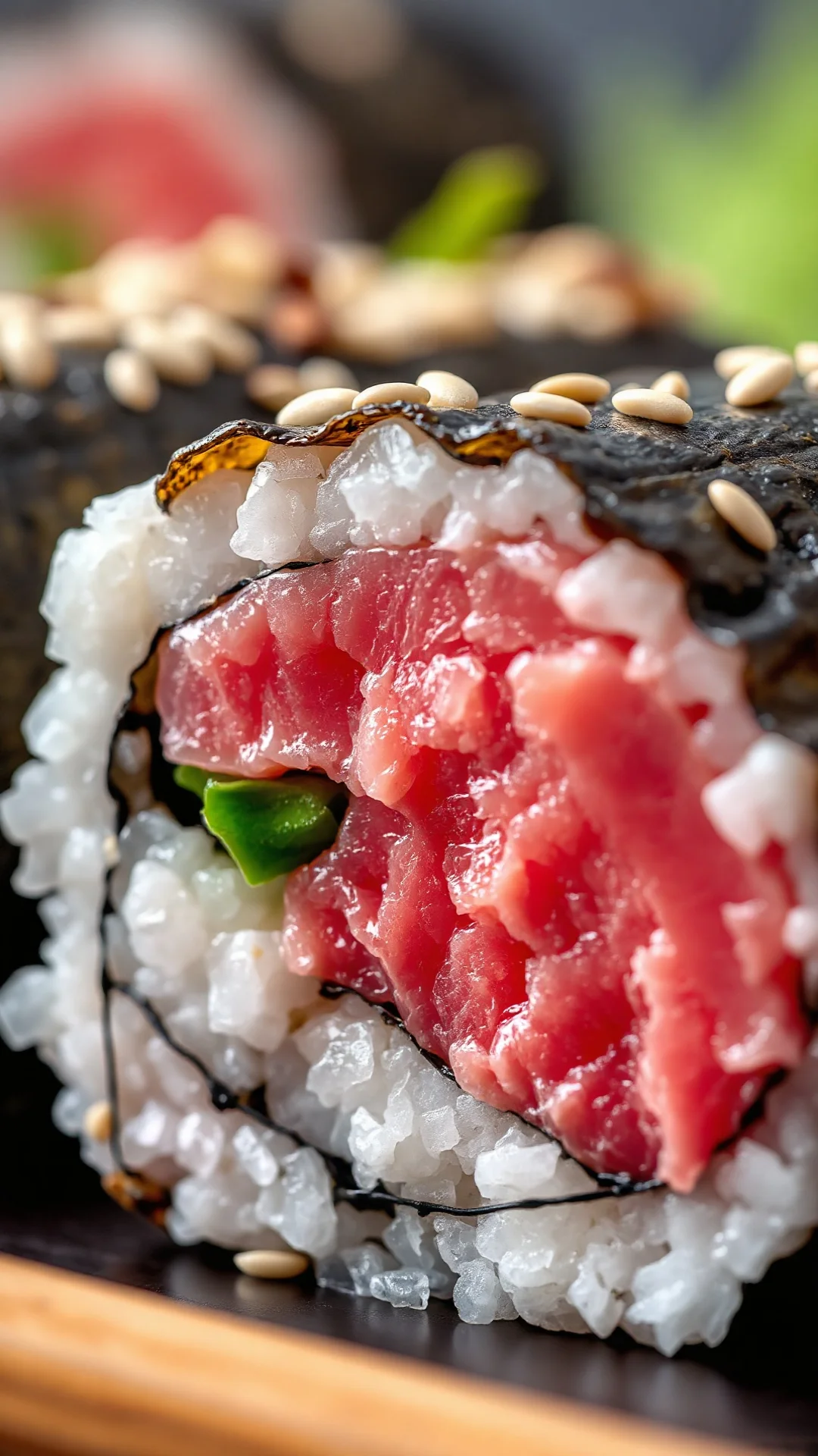 Close-up macro shot of freshly cut tuna sushi roll showing vibrant pink raw tuna, white seasoned rice, and dark nori seaweed