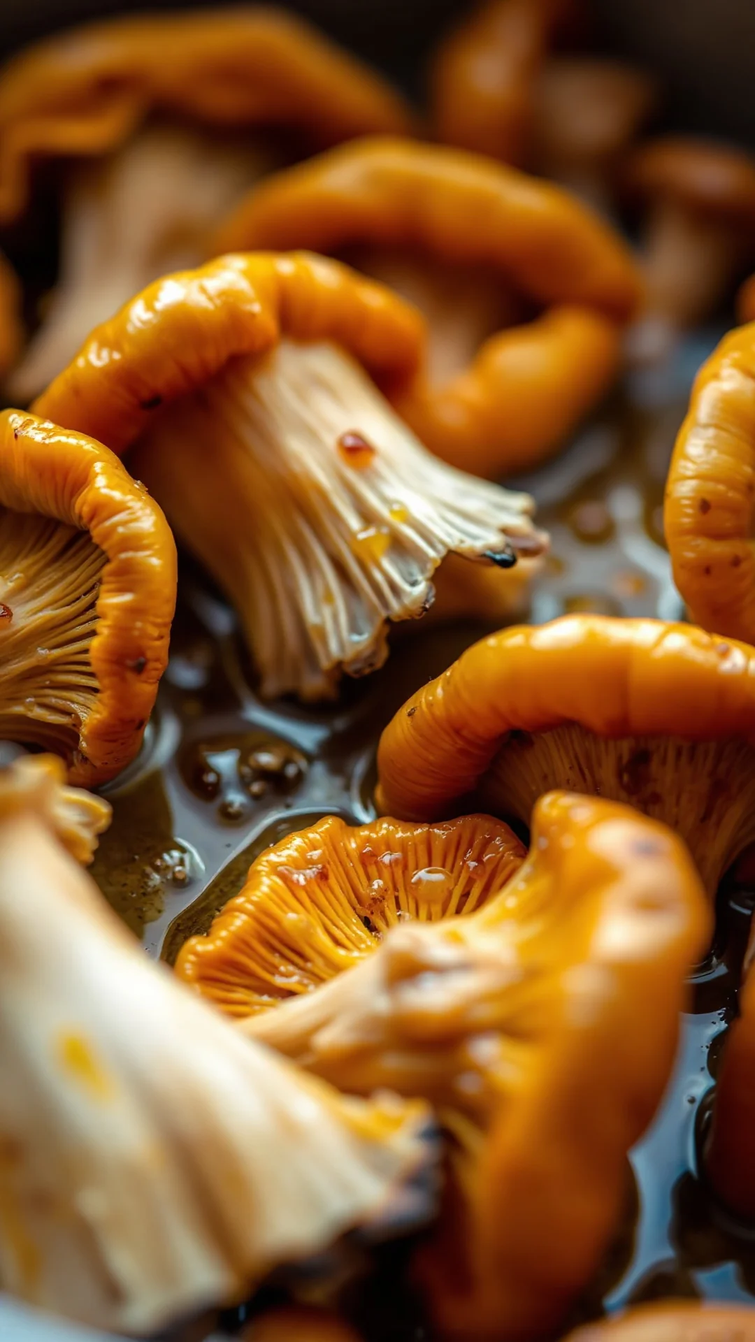 Close-up macro shot of golden chanterelle mushrooms being sautéed in olive oil, glistening with moisture, shallow depth of f