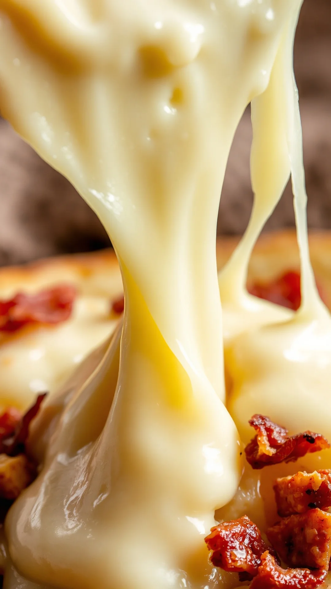 Close-up macro shot of hot melted reblochon cheese stretching with golden crust, creamy potatoes underneath with bacon bits,