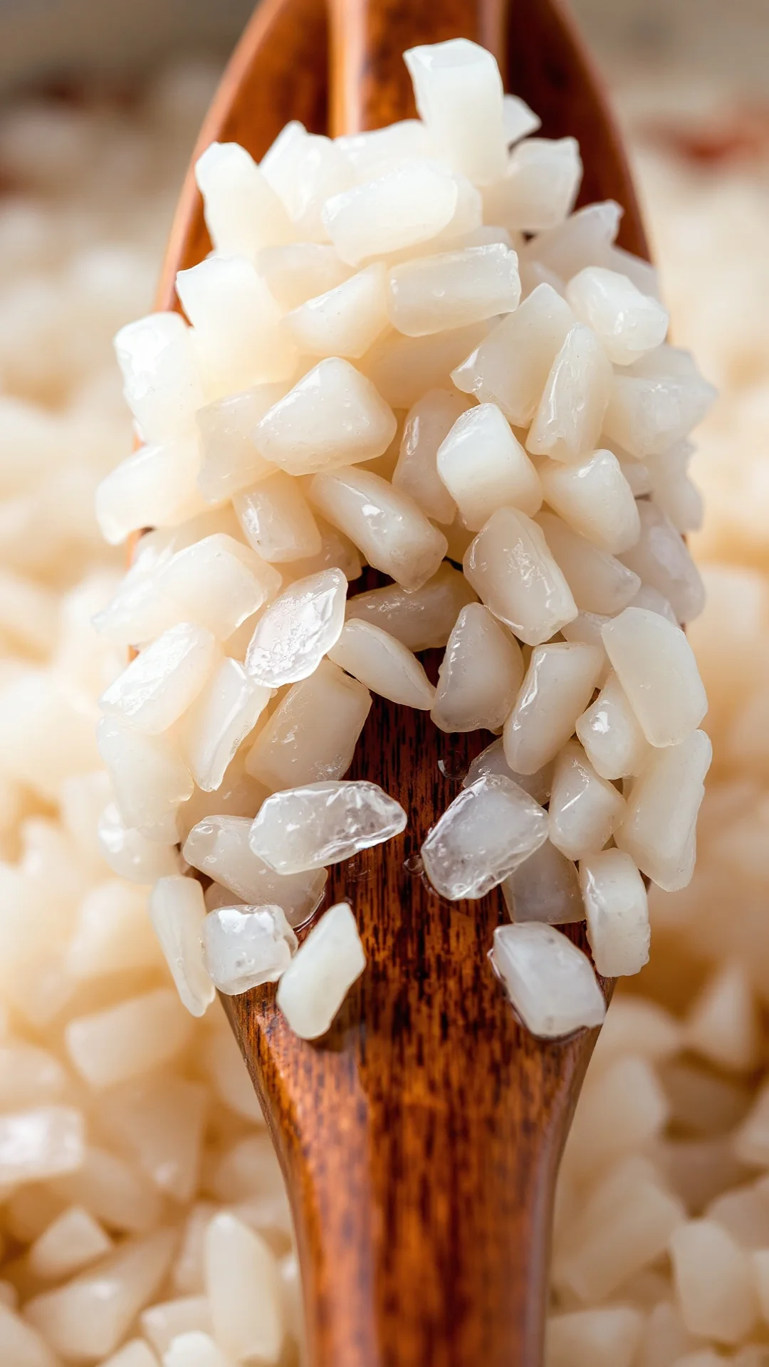 Close-up macro shot of individual sushi rice grains being stirred with wooden spatula, translucent and shiny, water droplets,