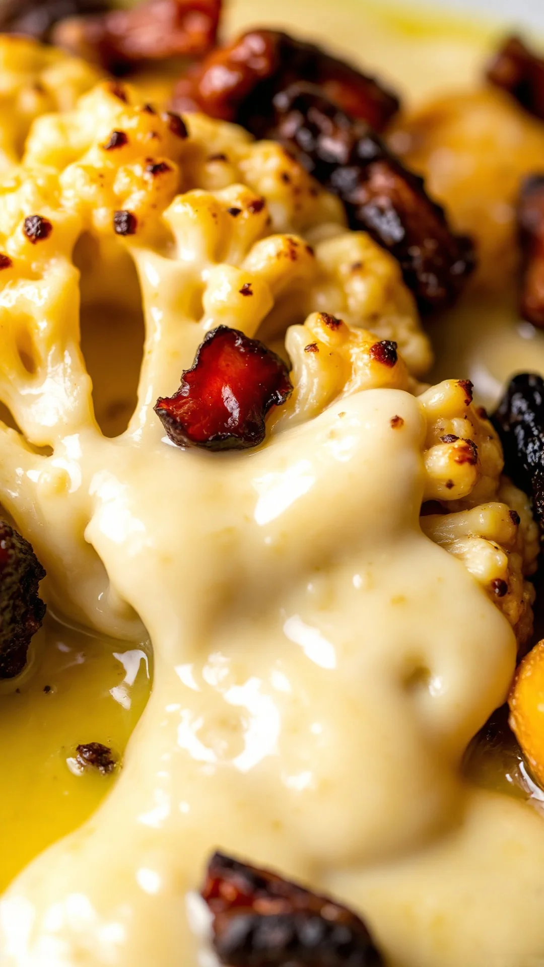 Close-up macro shot of melted reblochon cheese over roasted cauliflower, gooey texture, lardons, creamy sauce, selective focu