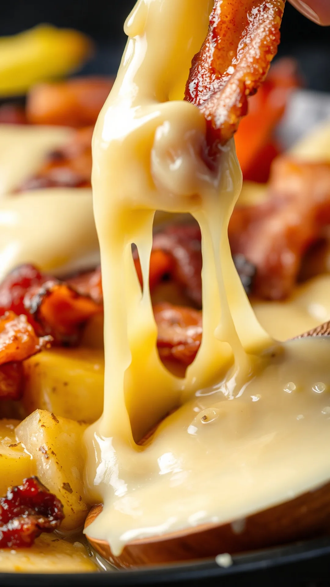 Close-up macro shot of melted reblochon cheese stretching, golden crispy bacon pieces, creamy potato layers underneath, steam