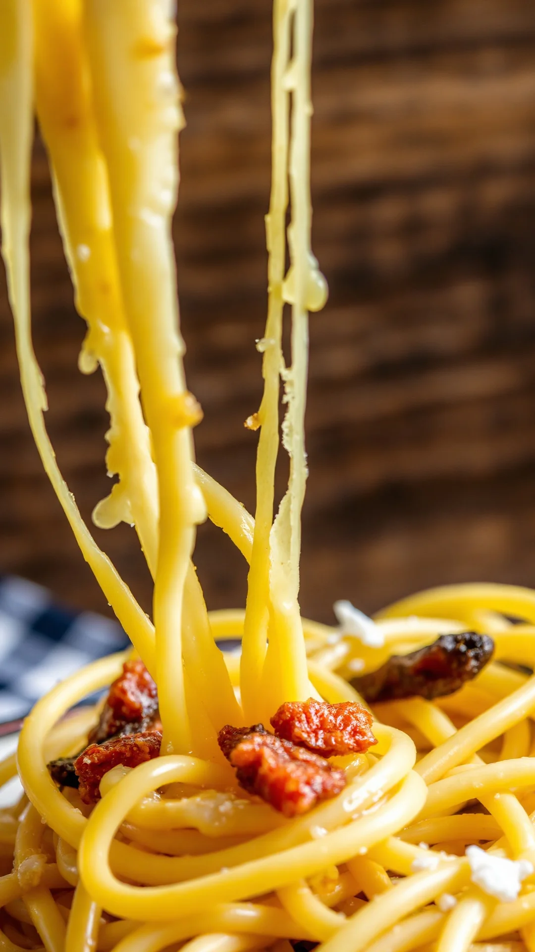Close-up macro shot of melted reblochon cheese strings stretching over golden crozet pasta, crispy lardons, creamy texture, r