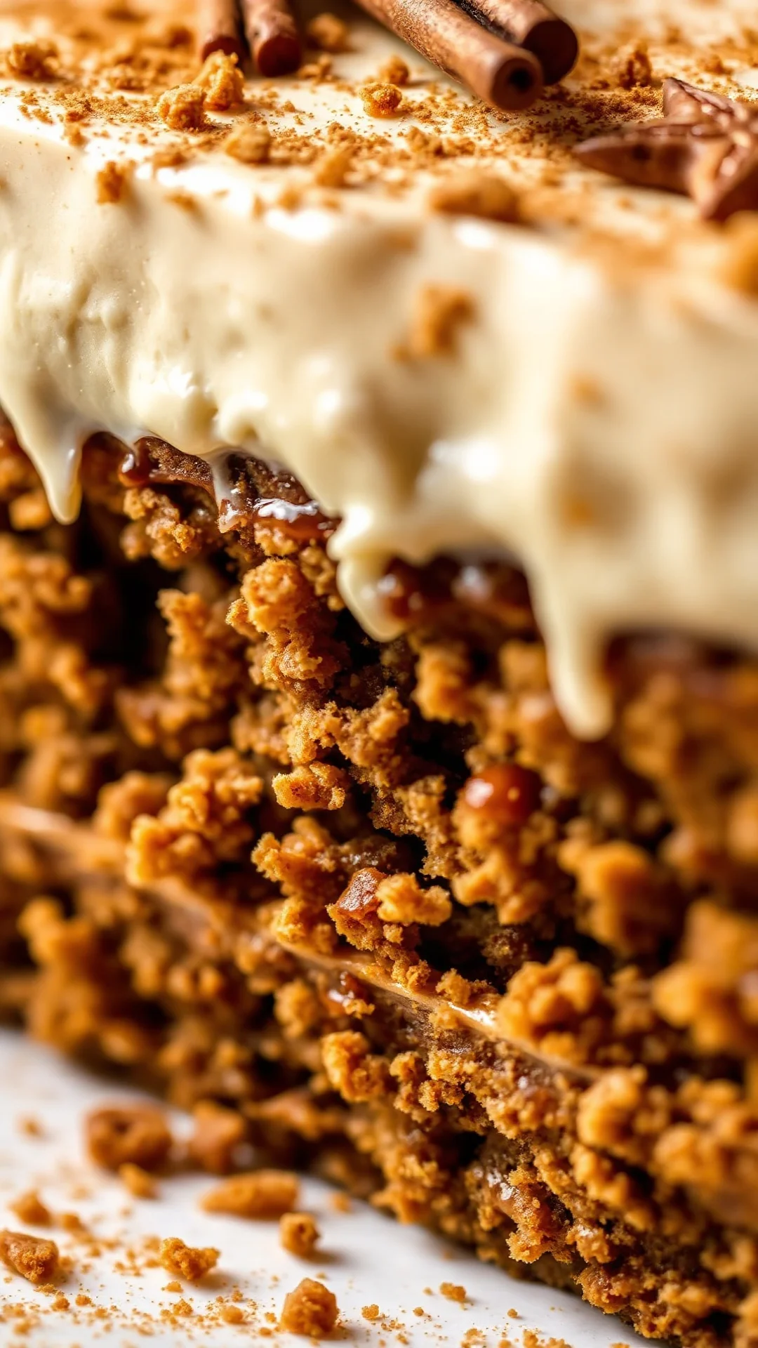 Close-up macro shot of moist pumpkin spice latte cake layer, creamy frosting detail, cinnamon powder dusting, autumn spices g