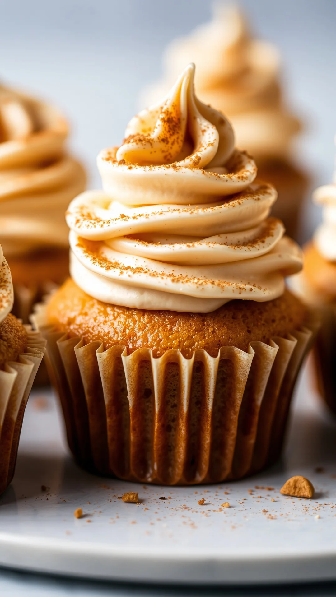 Close-up macro shot of one pumpkin spice latte cupcake with coffee cream piped frosting, cinnamon dust topping, autumn aesthe