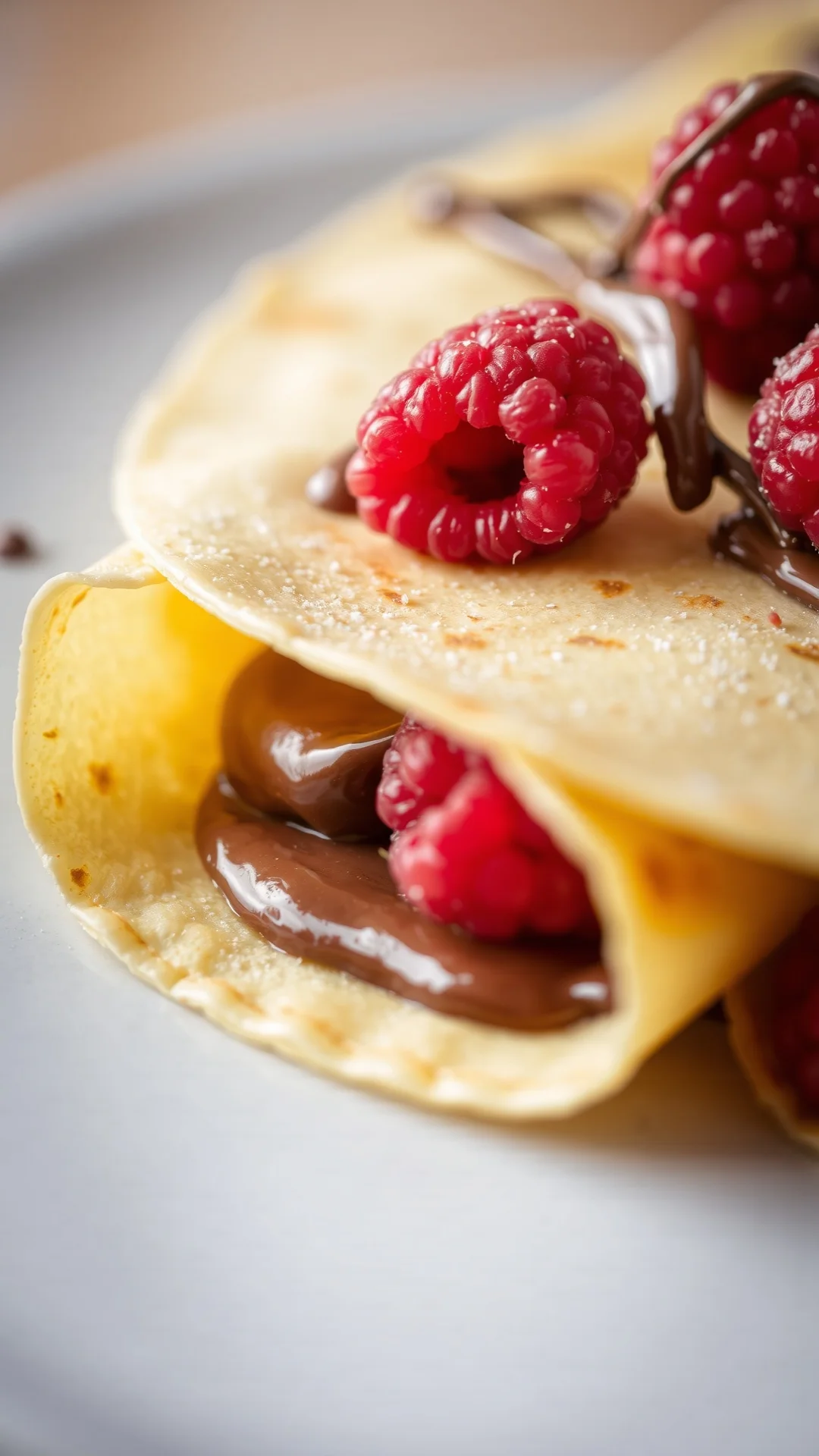 Close-up macro shot of perfectly folded crepe with Nutella spread, topped with fresh raspberries and chocolate drizzle, cream