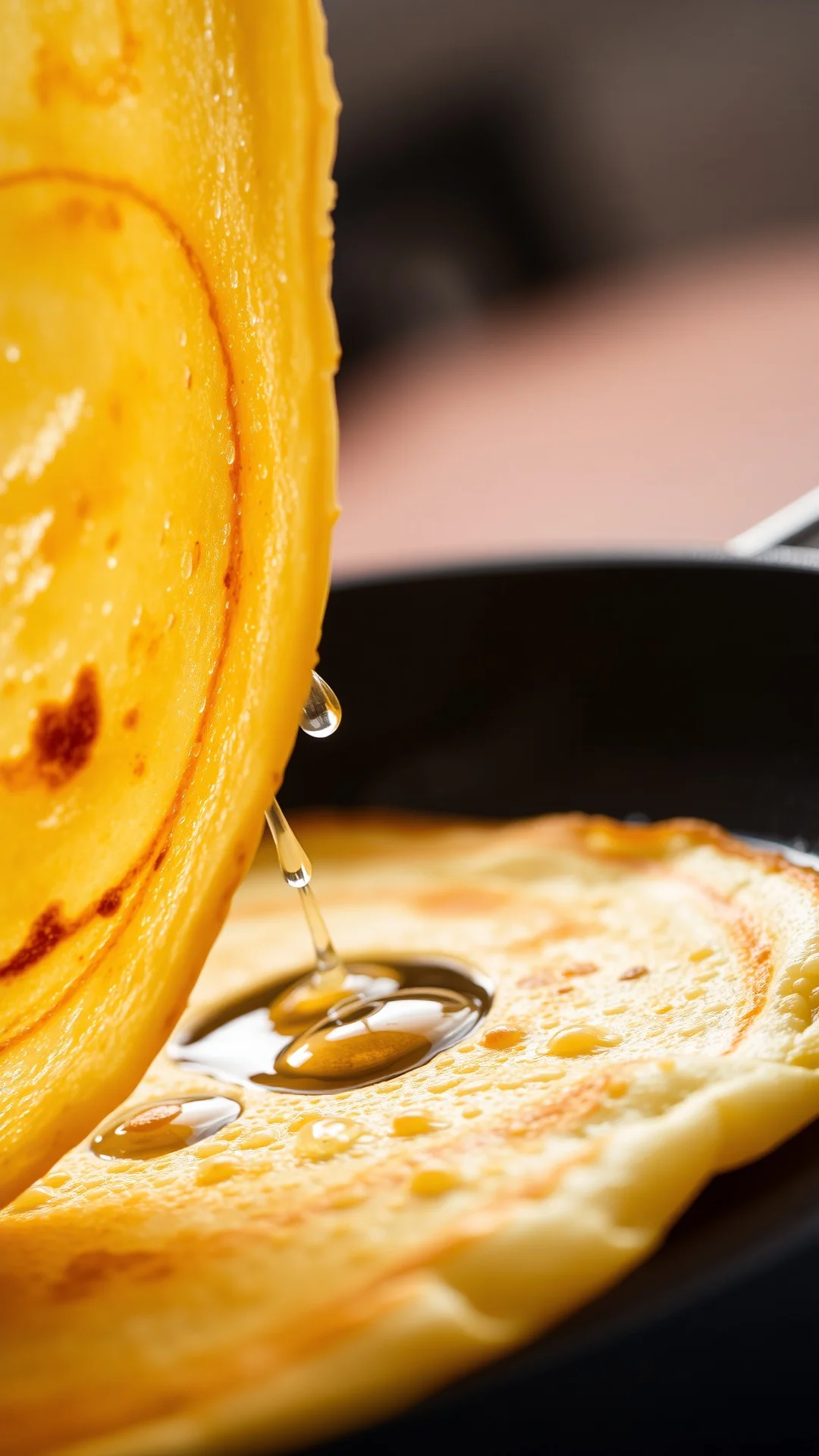 Close-up macro shot of perfectly golden crispy crêpe being flipped in pan, oil droplets sizzling, warm light highlighting te
