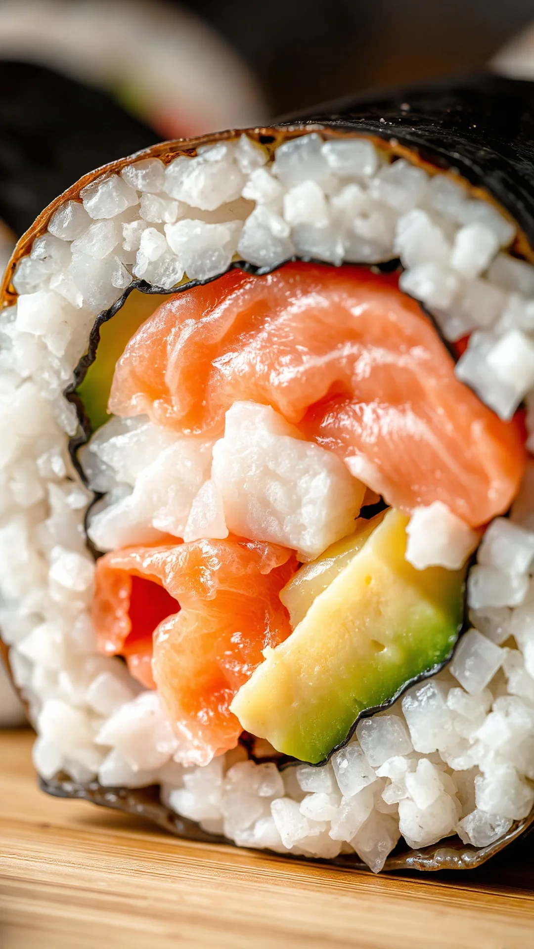 Close-up macro shot of perfectly sliced sushi roll cross-section showing rice, nori, fresh salmon and avocado layers, profess