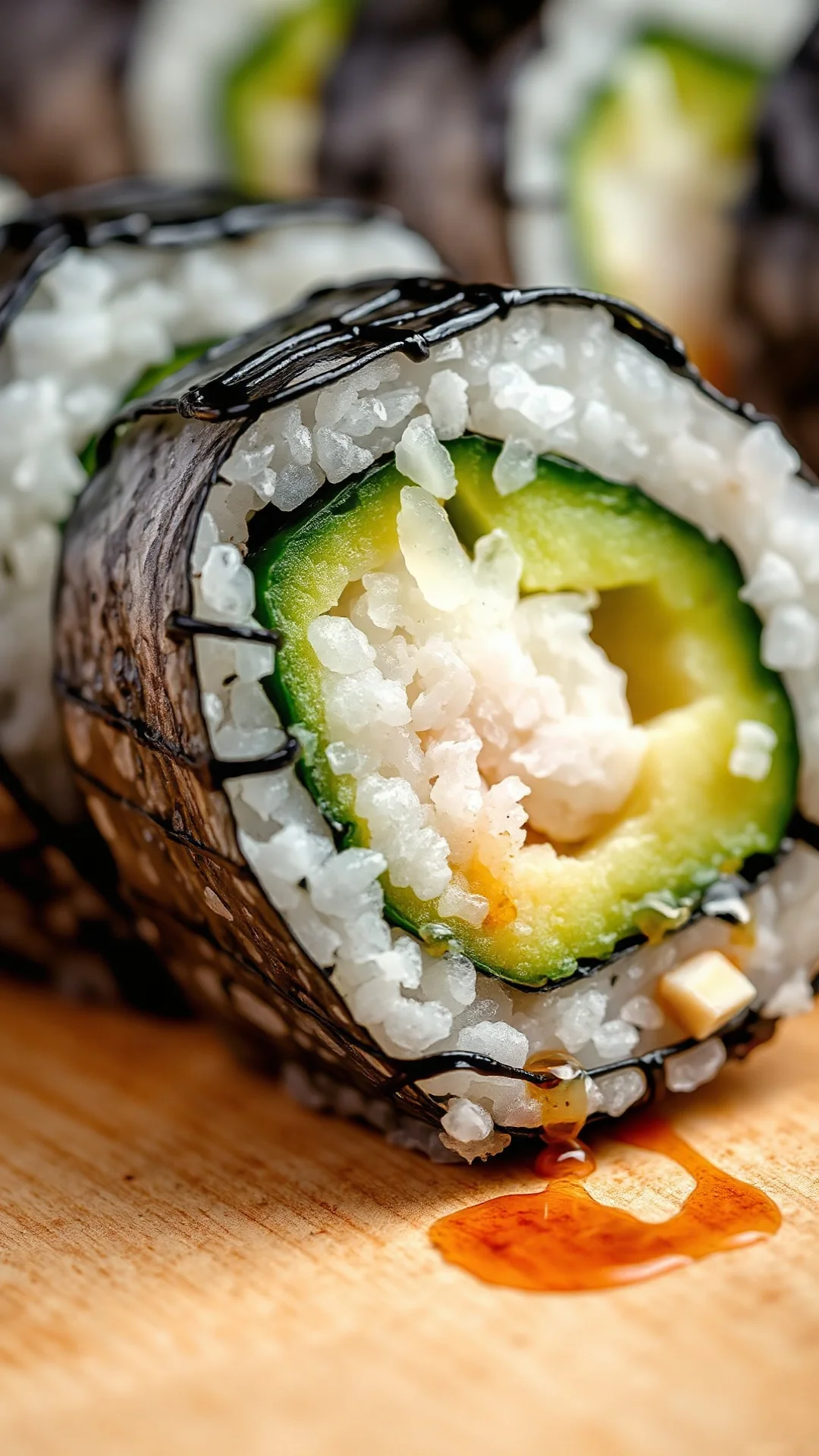 Close-up macro shot of sliced cucumber sushi roll showing fresh green concombre layers, rice texture, nori seaweed detail, pr