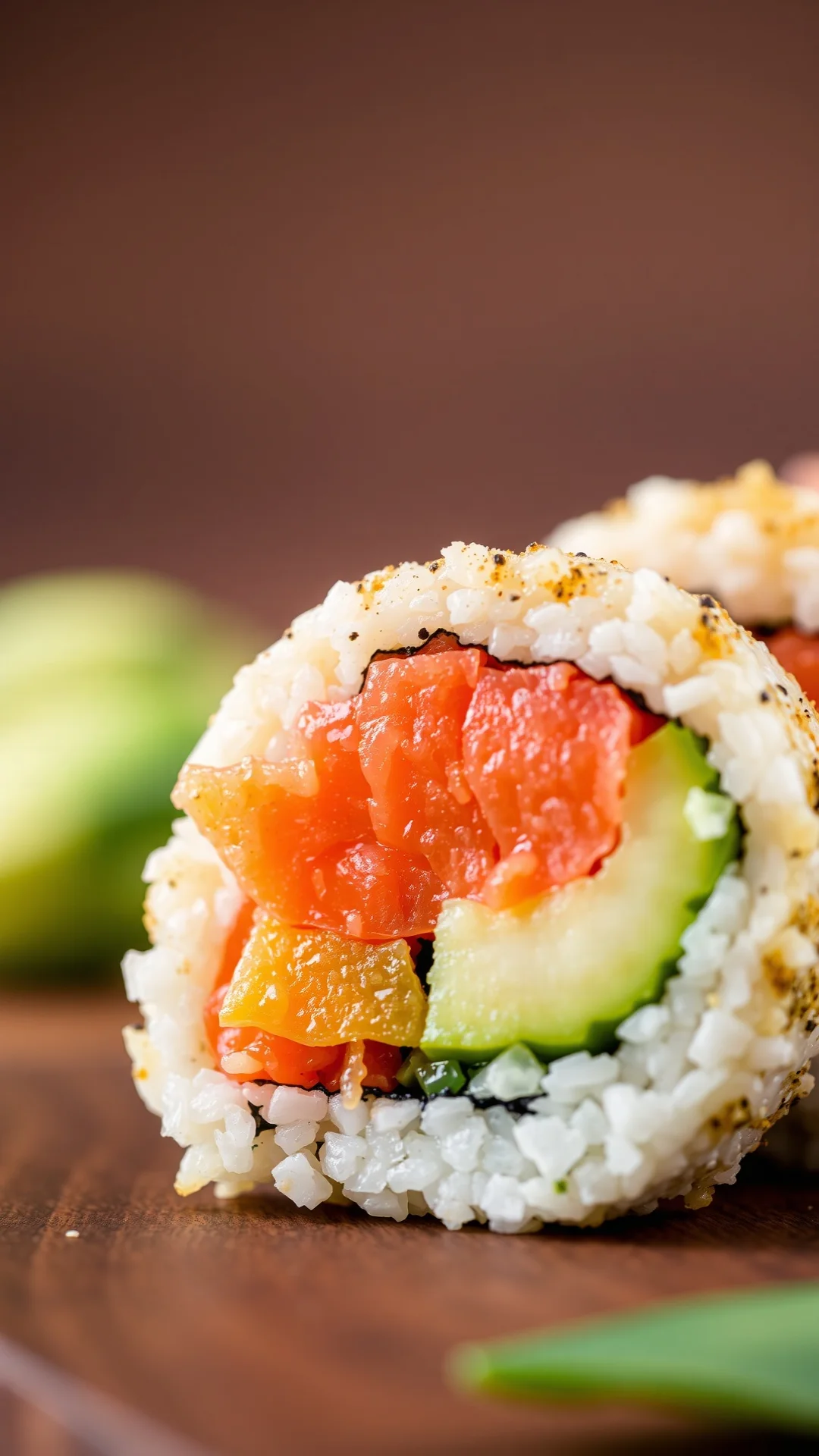 Close-up macro shot of sliced healthy sushi roll with brown rice, fresh salmon, avocado and cucumber, food styling, vibrant c