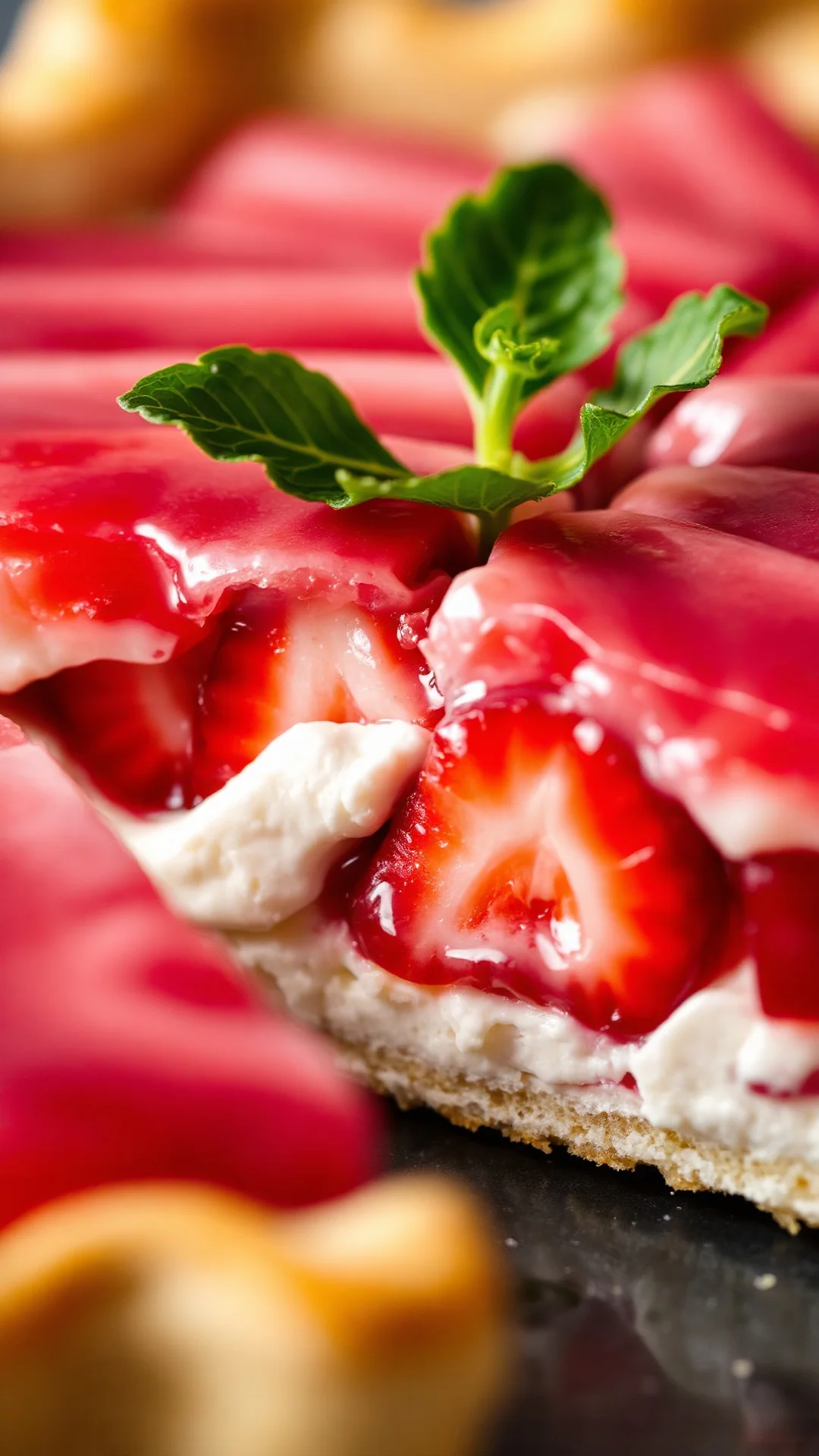 Close-up macro shot of strawberry rhubarb tart slice showing layers of pastry cream and fruit, fresh strawberries and pink rh