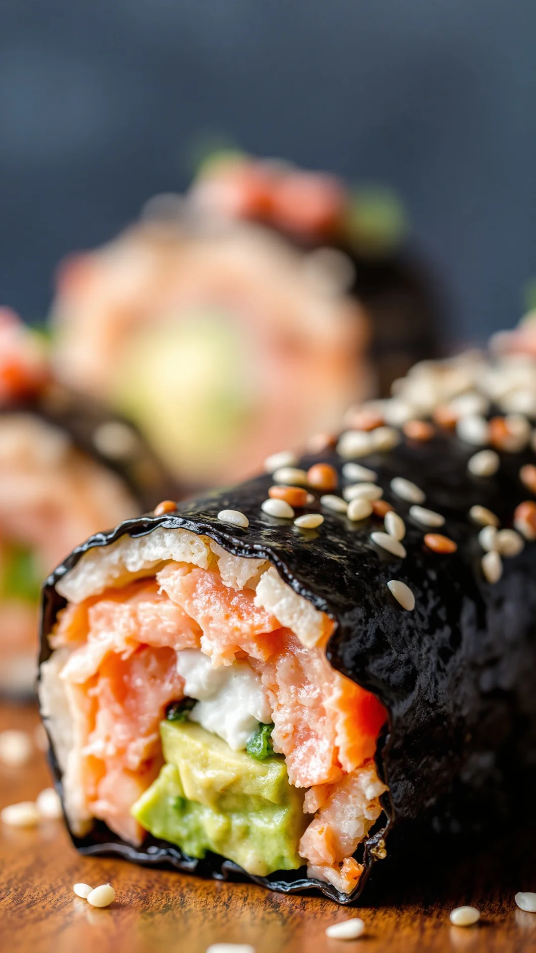 Close-up macro shot of taco sushi roll cross-section, vibrant colors, creamy avocado, pink salmon, fresh herbs, sesame seeds,
