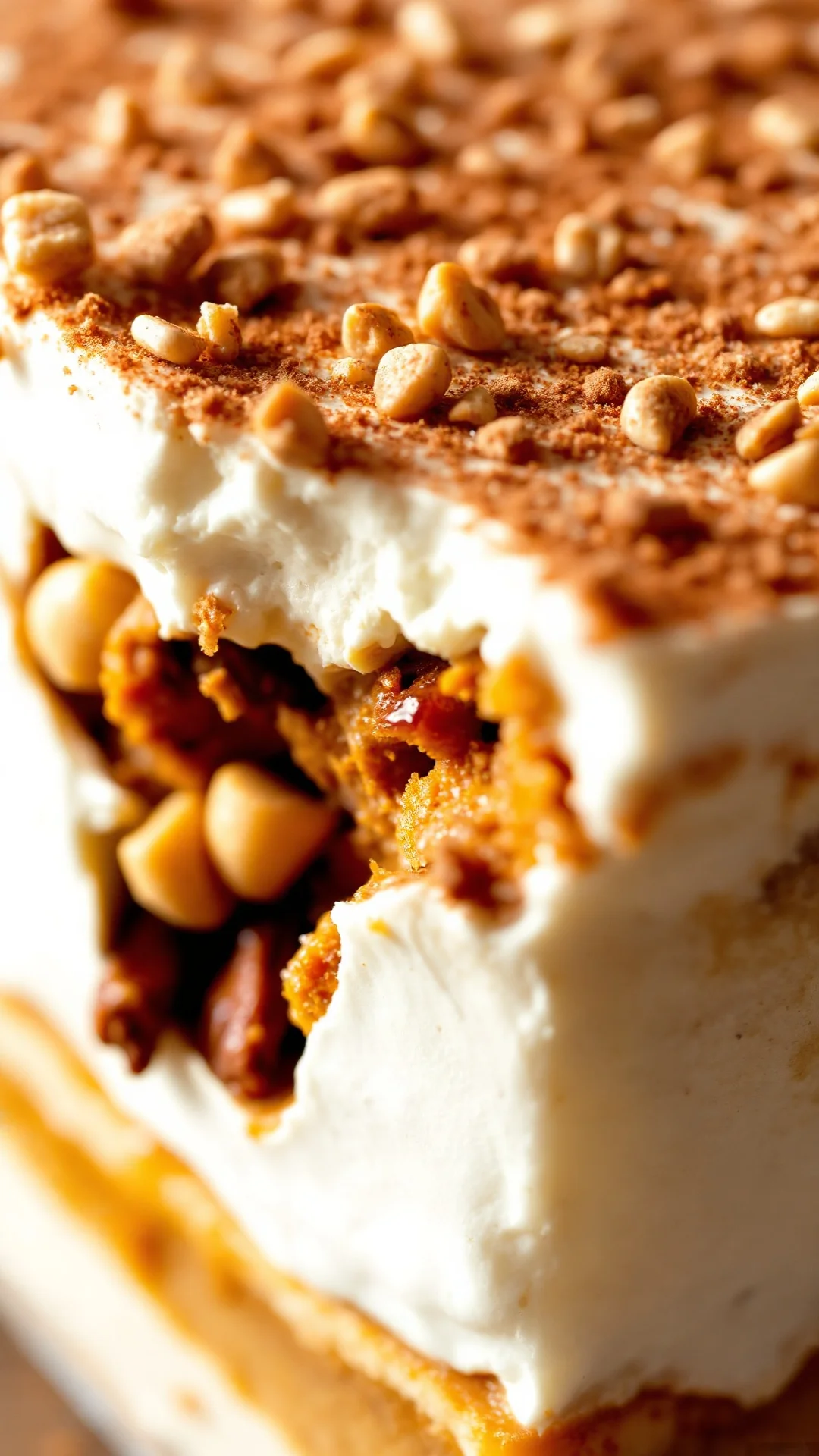 Close-up macro shot of tiramisu pumpkin spice latte cross-section showing layers of mascarpone cream, pumpkin filling, espres