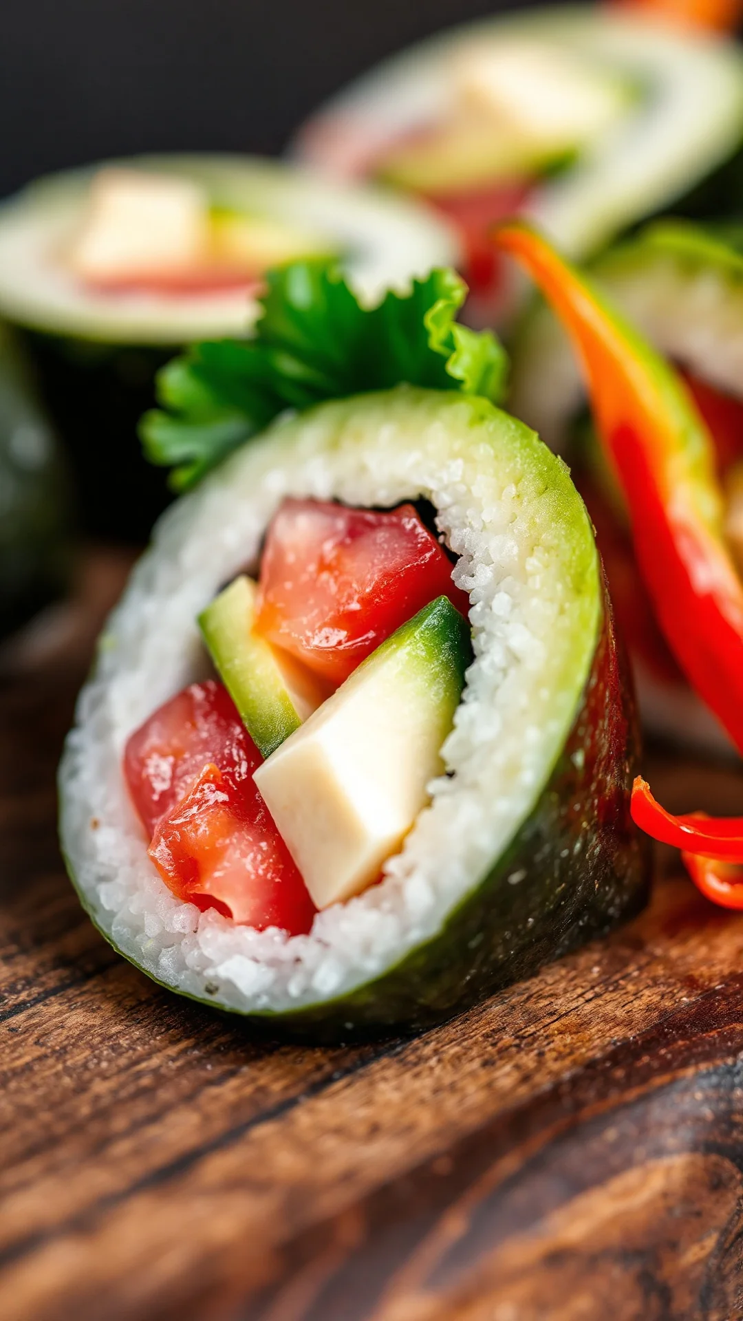 Close-up macro shot of vegetarian sushi slice showing vibrant fresh vegetables, creamy avocado, crisp cucumber, vibrant red p