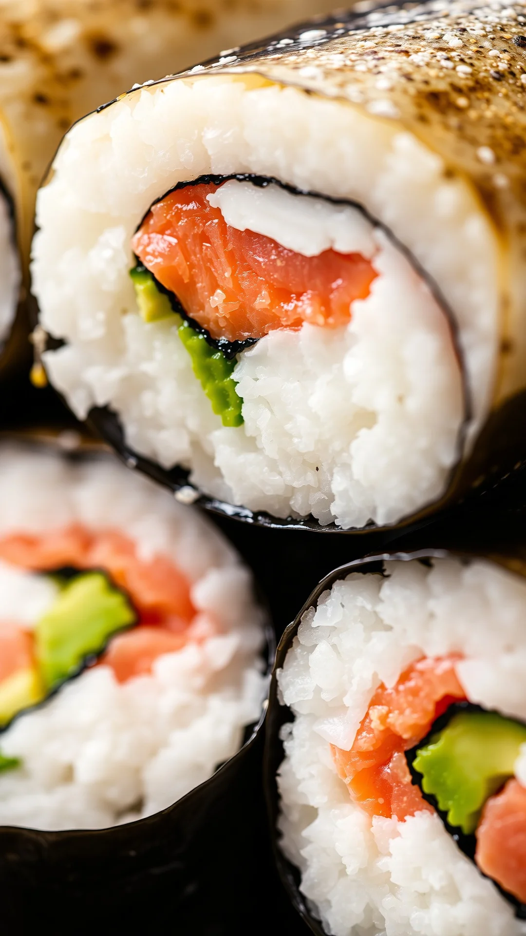 Close-up macro shot sushi roll cross-section, cream cheese center, fresh salmon, avocado, intricate detail, professional food