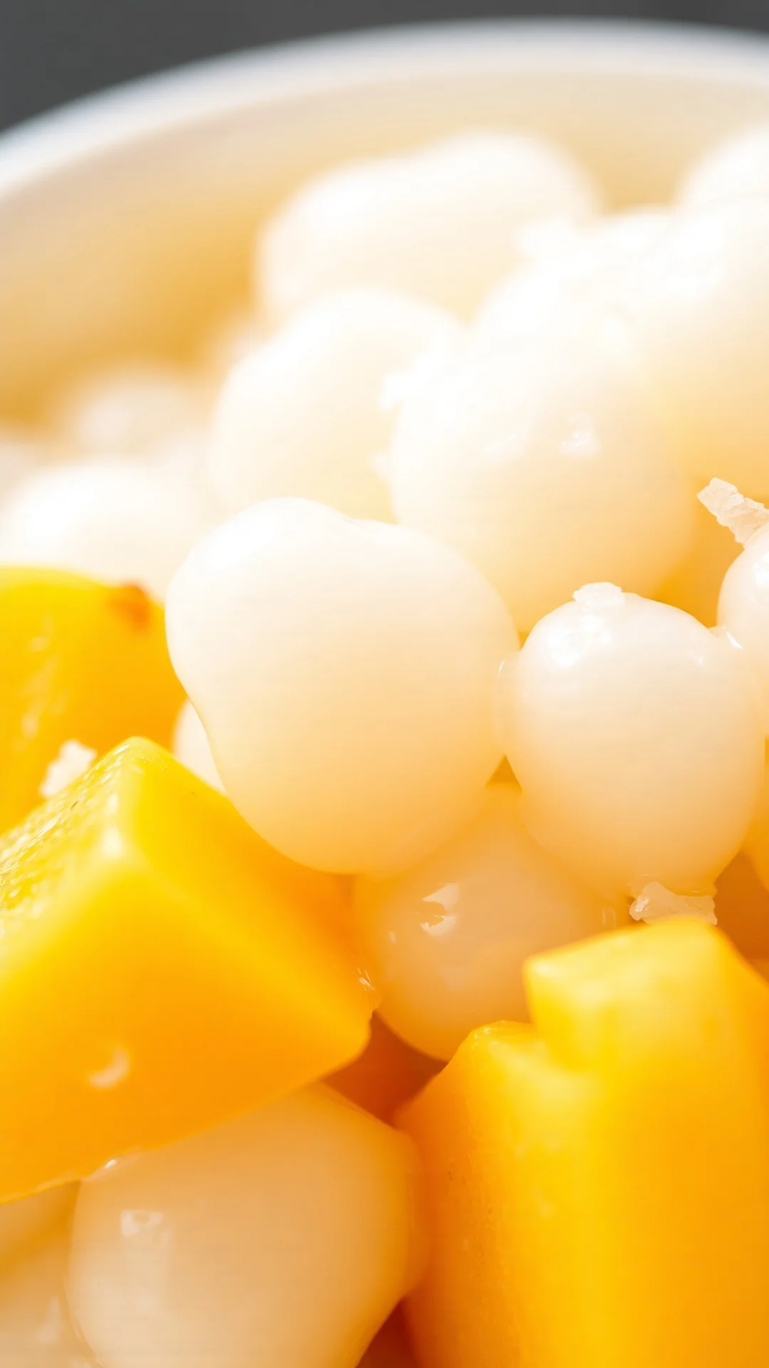 Close-up macro view of creamy coconut tapioca pearls with fresh diced mango and lychee fruits, delicate translucent texture,