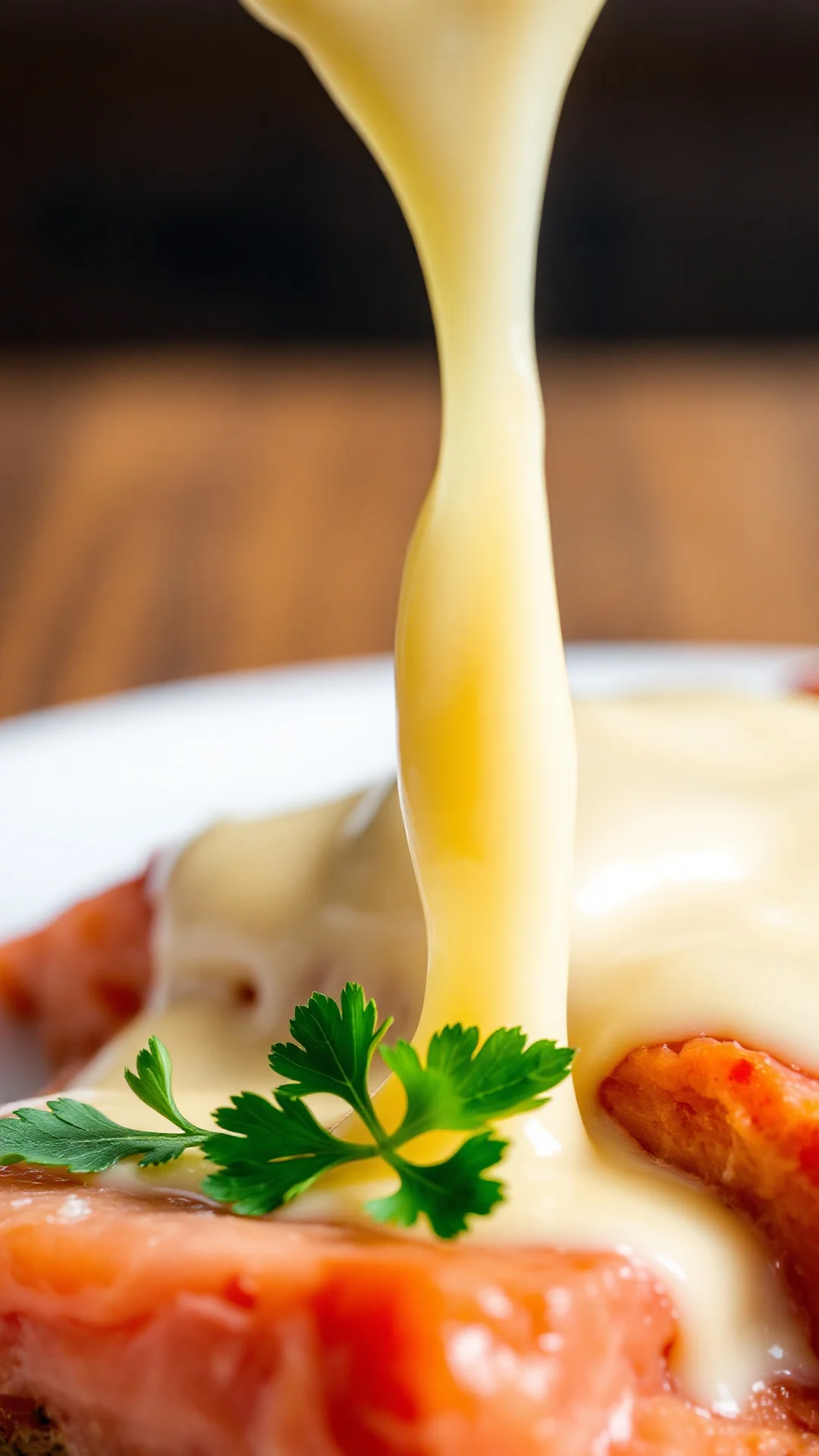 Close-up melted Reblochon cheese dripping over salmon tartiflette, creamy texture, fresh parsley garnish, appetizing gourmet