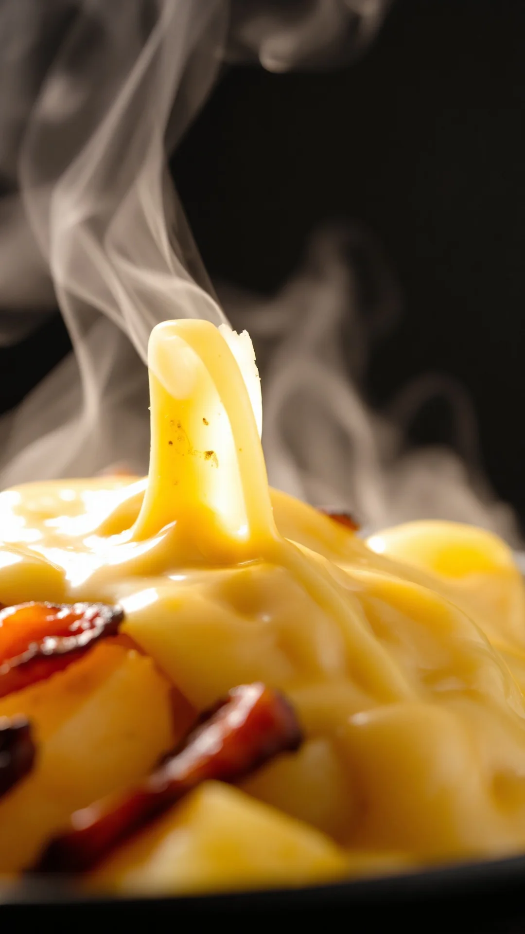 Close-up melted Reblochon cheese on hot tartiflette, creamy golden cheese texture, potatoes and lardons visible, steaming com