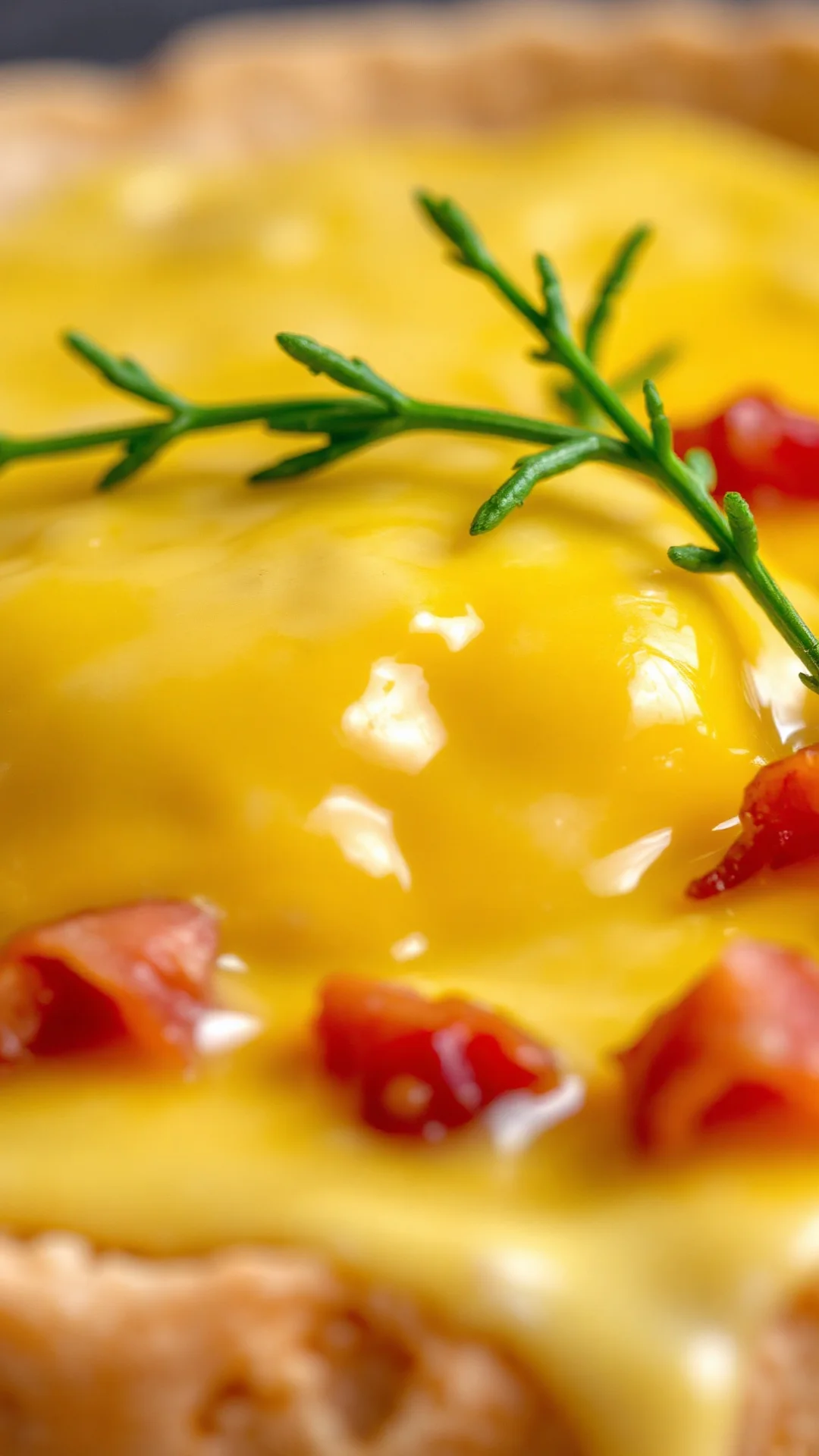 Close-up melted reblochon cheese on tartiflette, golden bubbling surface, creamy texture, crispy bacon bits, fresh herbs garn