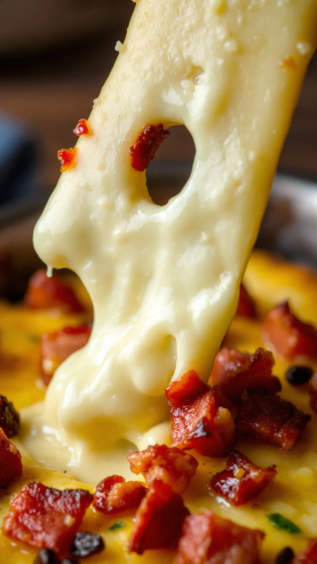 Close-up melted reblochon cheese stretching from creamy potato tartiflette gratin, golden crust, lardons bacon pieces, savory