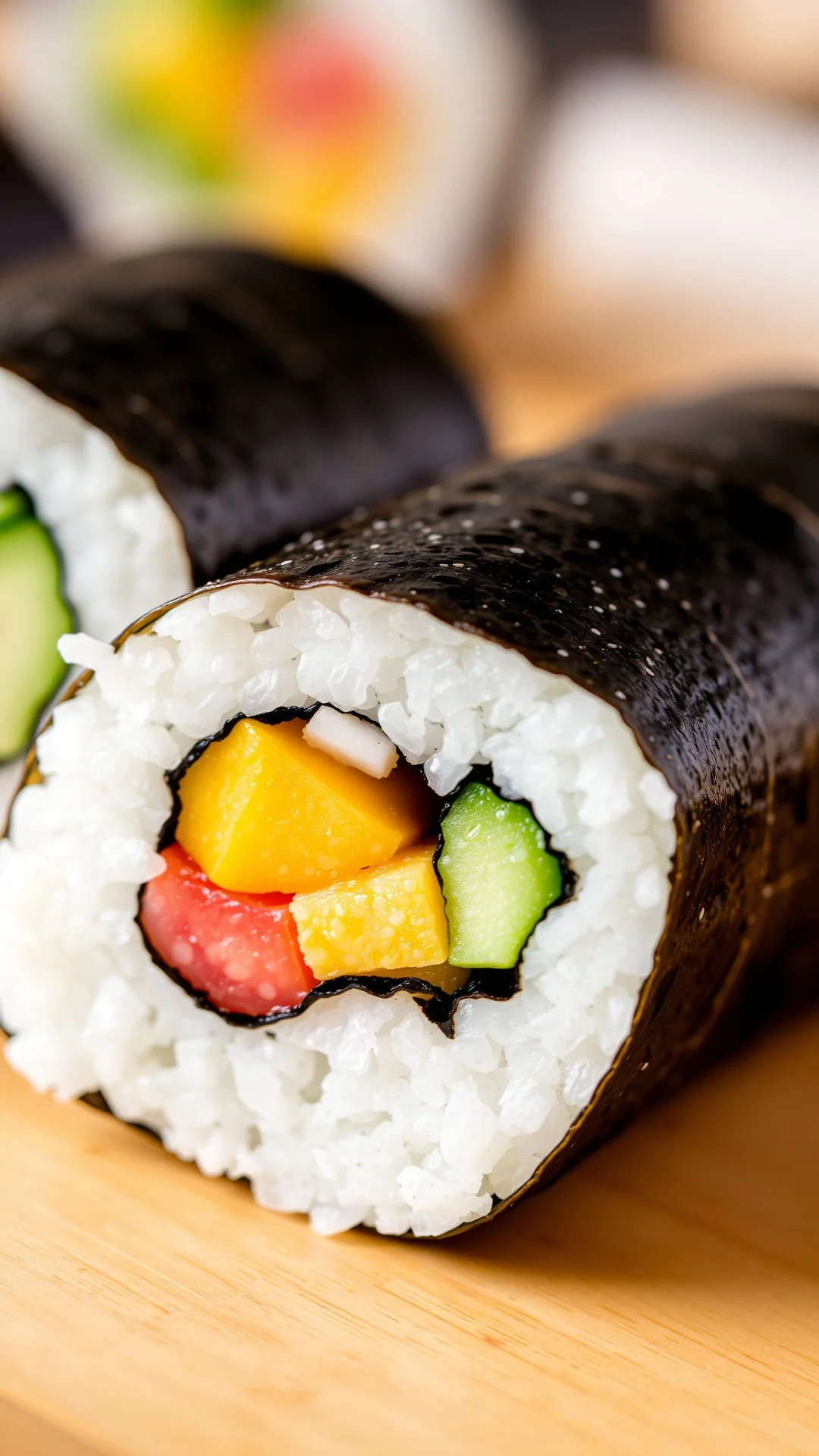 Close-up of a freshly cut sushi roll showing colorful layers of rice, nori, cucumber, avocado and mango filling