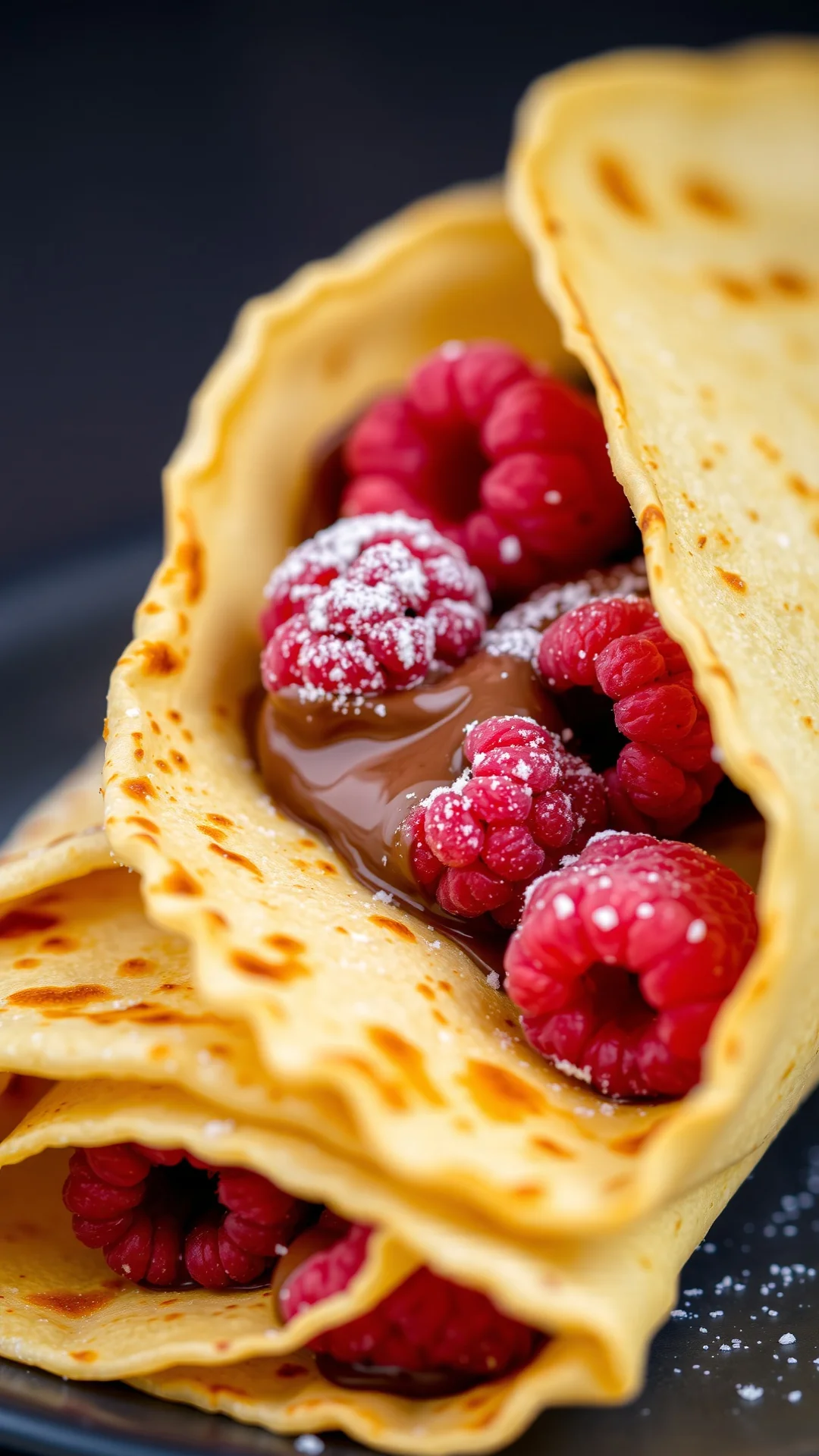 Close-up of a perfectly folded French crêpe filled with Nutella and fresh raspberries, golden-brown texture visible, appetiz