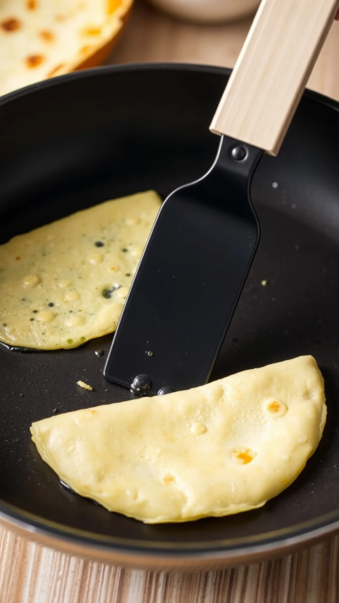 Close-up of a single crepe being flipped in a non-stick pan with spatula, golden color, professional food photography, detail