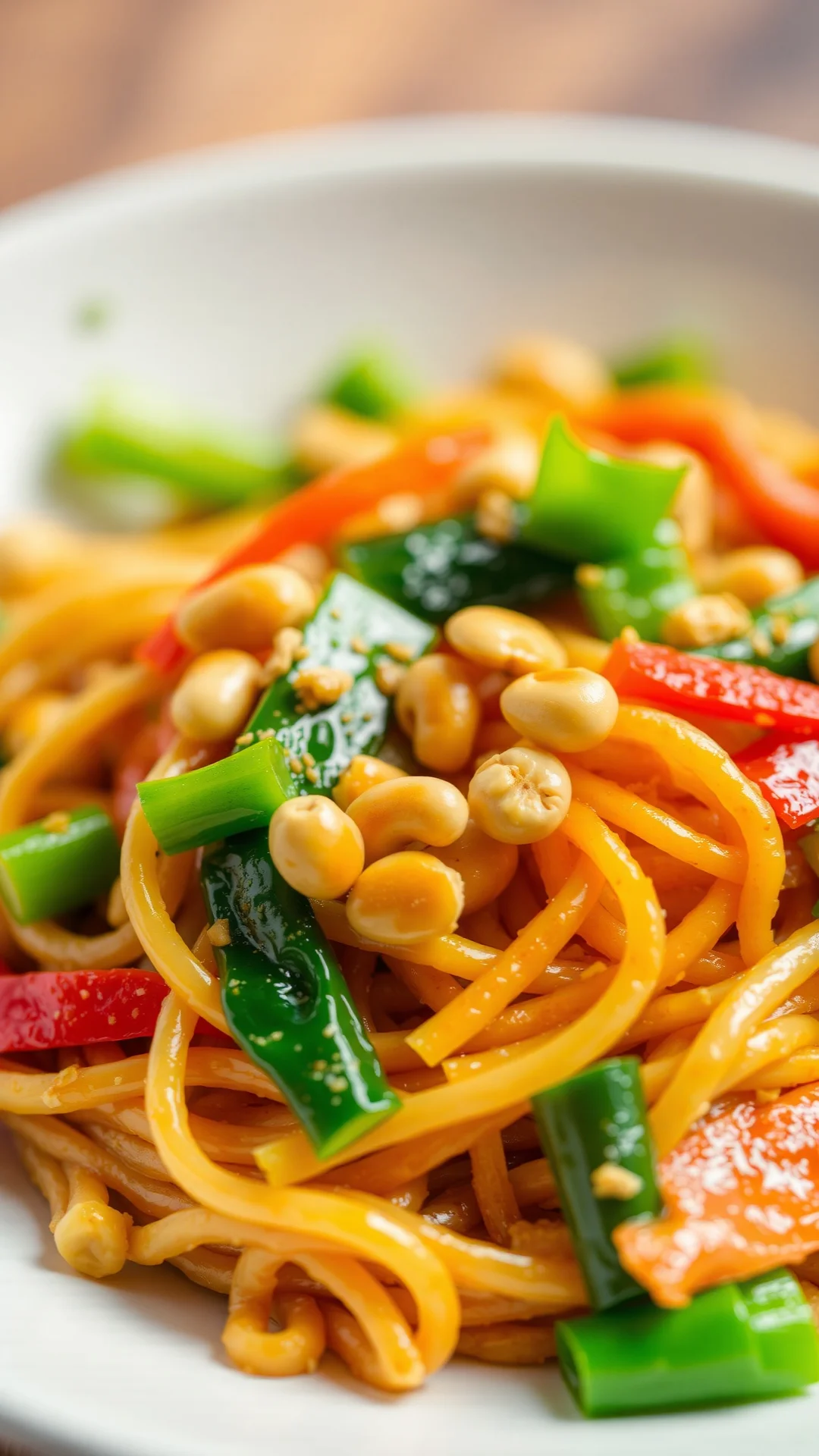 Close-up of Asian stir-fried noodles with peanuts, fresh vegetables, and sesame oil, vibrant colors, professional food photog