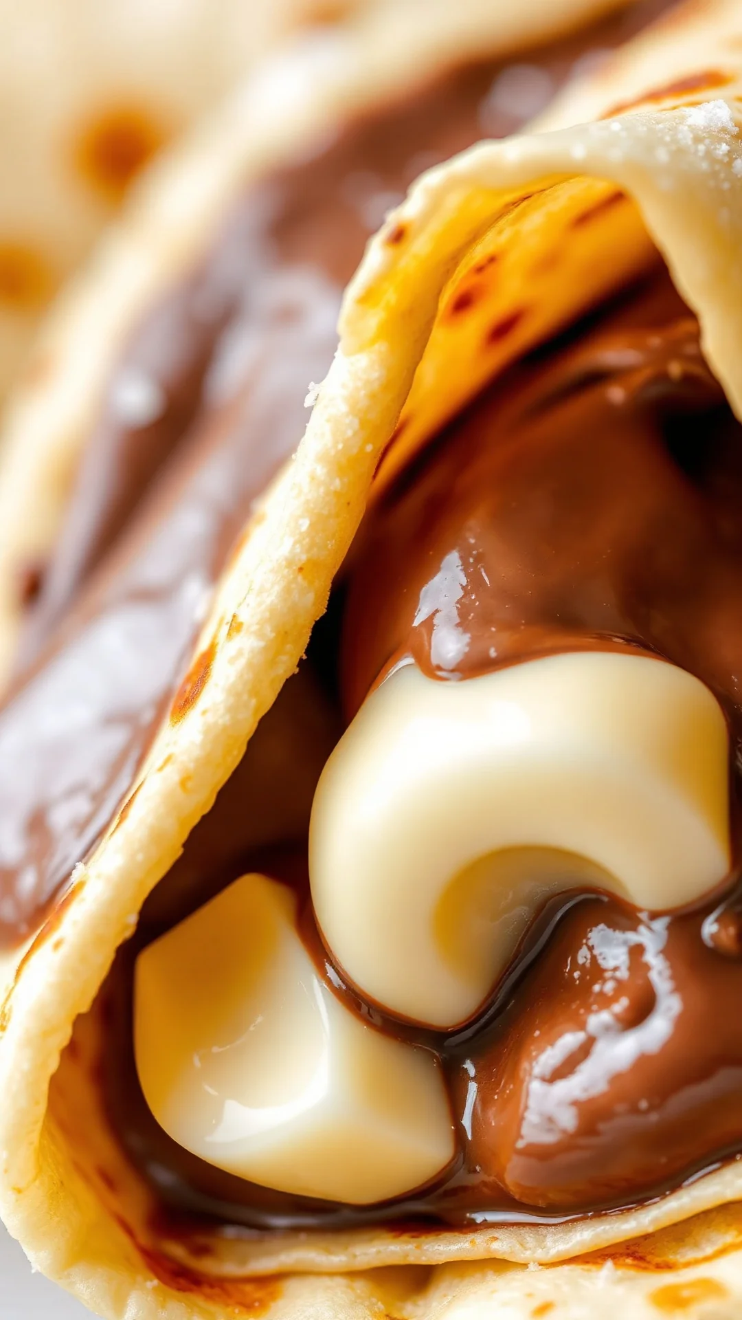 Close-up of creamy Nutella spread on warm French crêpe, melting butter, crispy edges, macro food photography, delicious dess