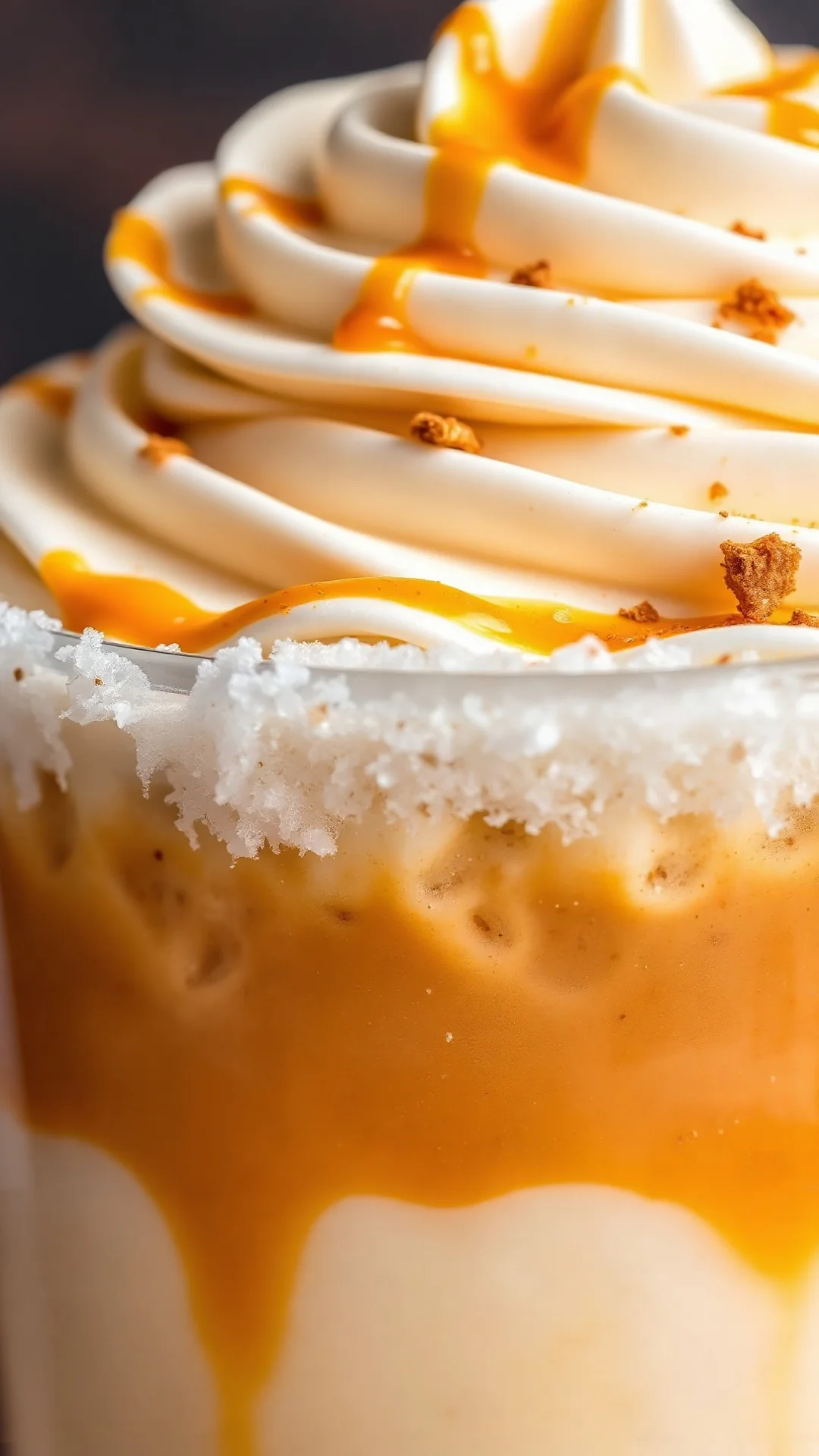 Close-up of creamy pumpkin spice iced latte with whipped cream topping, pumpkin puree swirls, cinnamon dust, frost on glass,