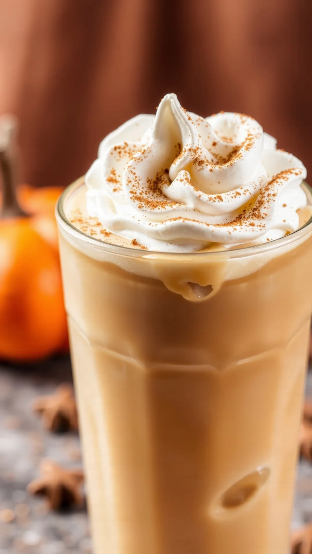 Close-up of creamy pumpkin spice iced latte with whipped cream topping, cinnamon dust, ice cubes visible, warm autumn colors,