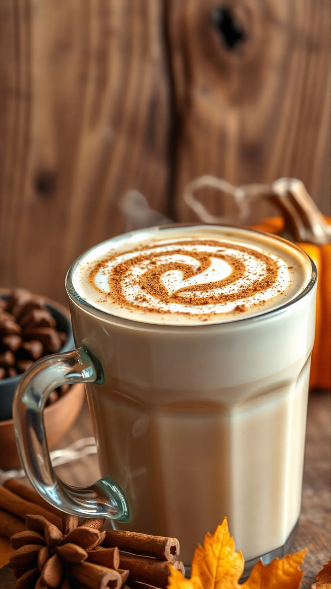 Close-up of creamy Pumpkin Spice Latte with cinnamon powder, steaming hot, rustic autumn background, detailed pumpkin puree s