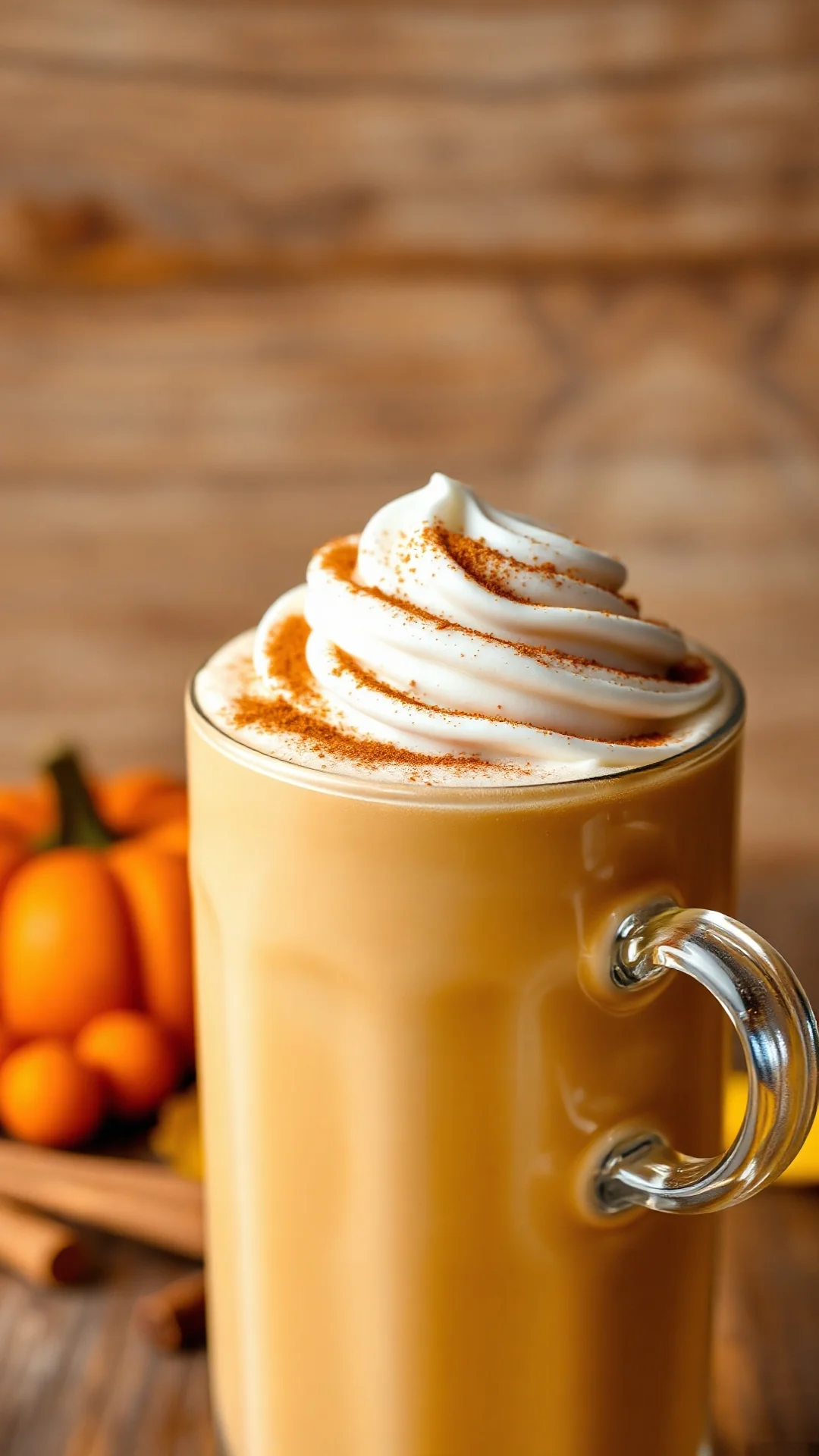 Close-up of creamy pumpkin spice latte with whipped cream topping, cinnamon dusting, steam rising, rustic wooden background,