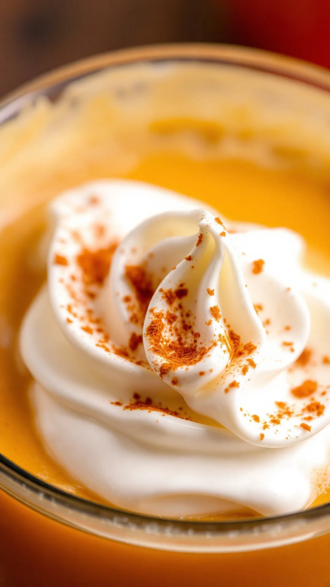 Close-up of creamy Pumpkin Spice Latte with whipped cream and cinnamon powder, macro shot, rich orange coffee drink, autumn f
