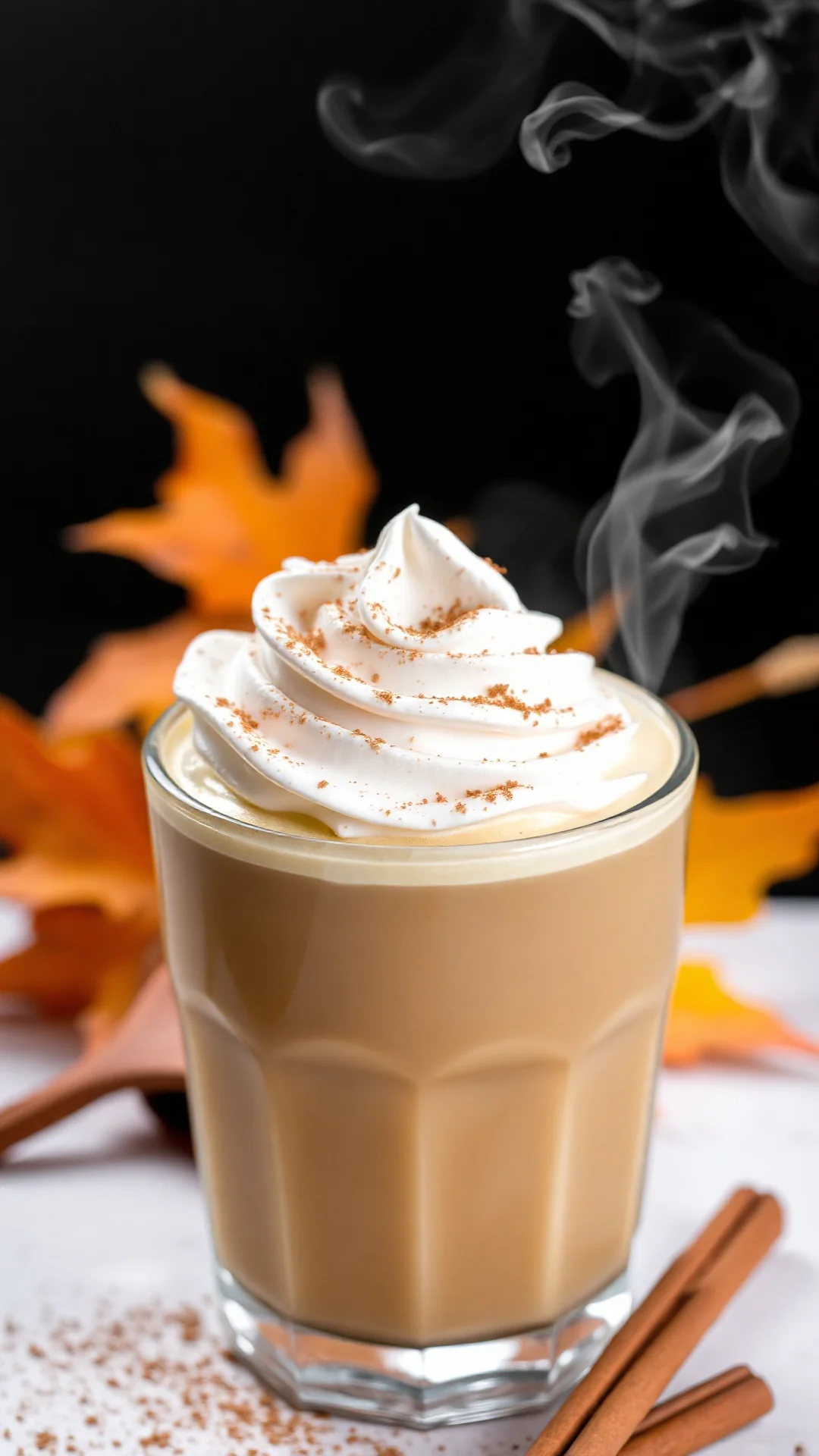 Close-up of creamy Pumpkin Spice Latte with whipped cream and cinnamon dust, steam rising, autumn leaves nearby, professional