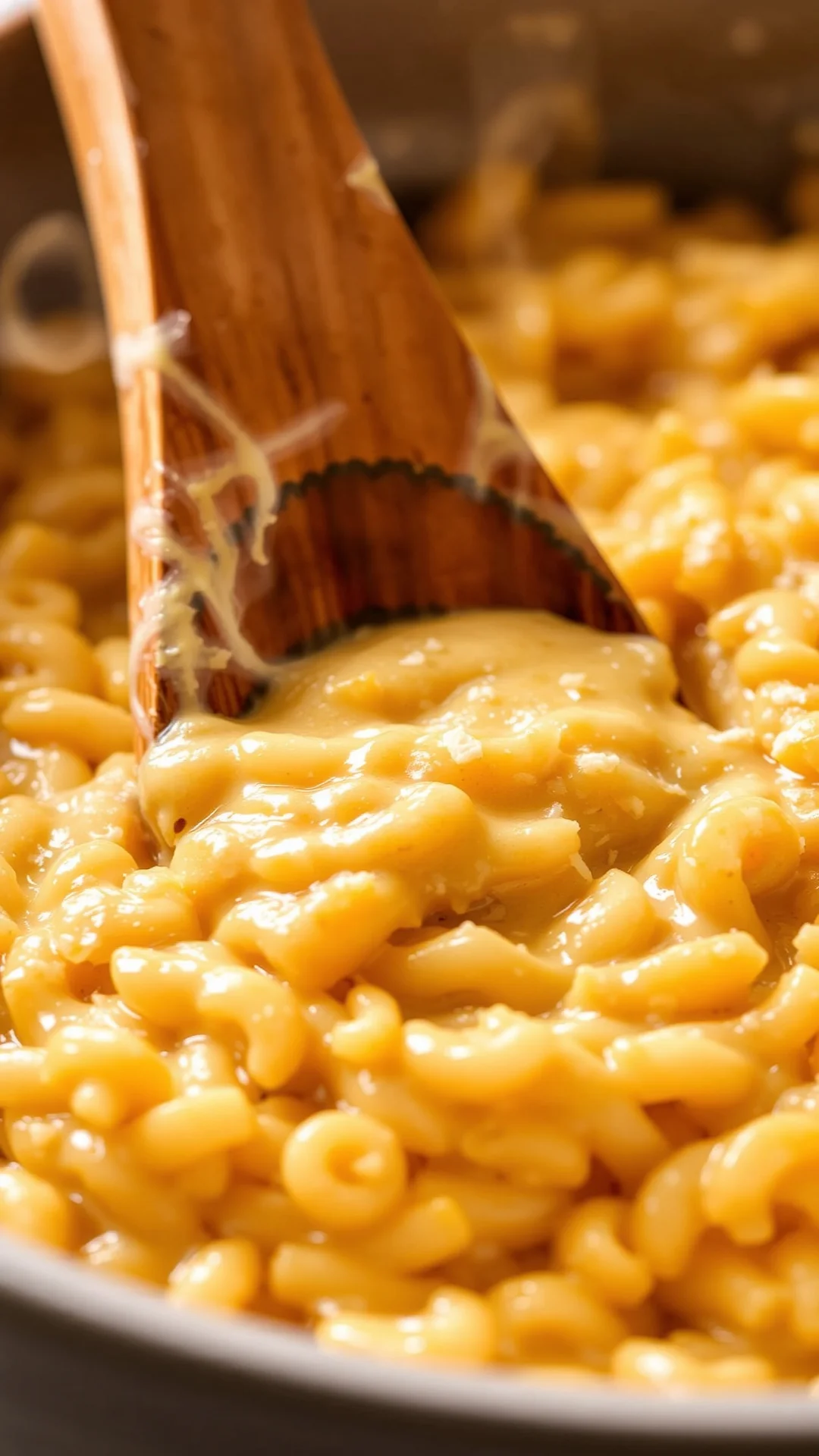 Close-up of creamy risotto being stirred with wooden spoon, rich parmesan cheese, steam rising, golden light, detailed textur