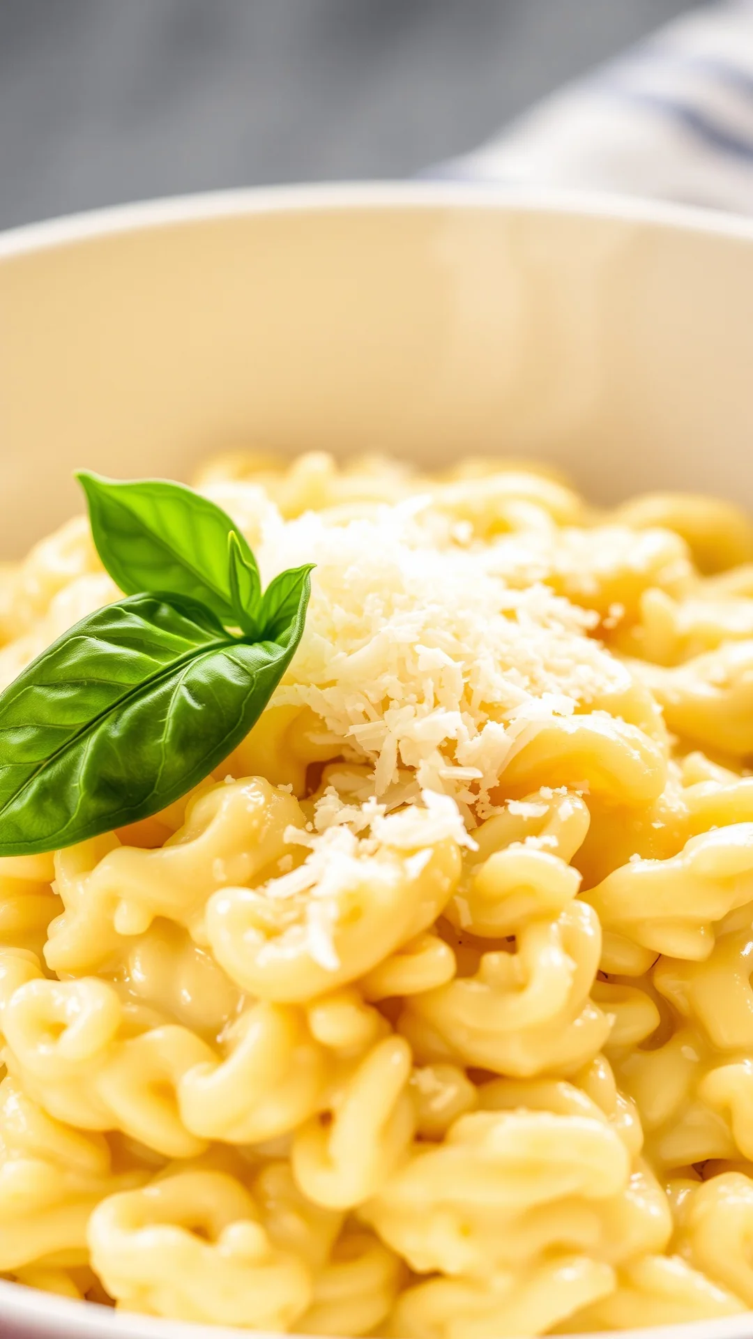 Close-up of creamy risotto in white bowl, topped with grated Parmesan, fresh basil leaf, steam rising, 9:16 vertical format