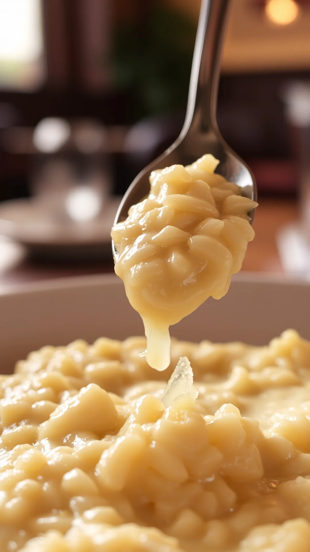 Close-up of creamy risotto texture, spoon lifting rice grains, melted butter and Parmesan cheese, shallow depth of field, war