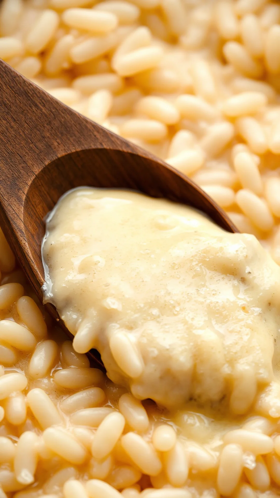 Close-up of creamy risotto texture, wooden spoon stirring rich risotto, melted butter and parmesan cheese on rice grains, gou