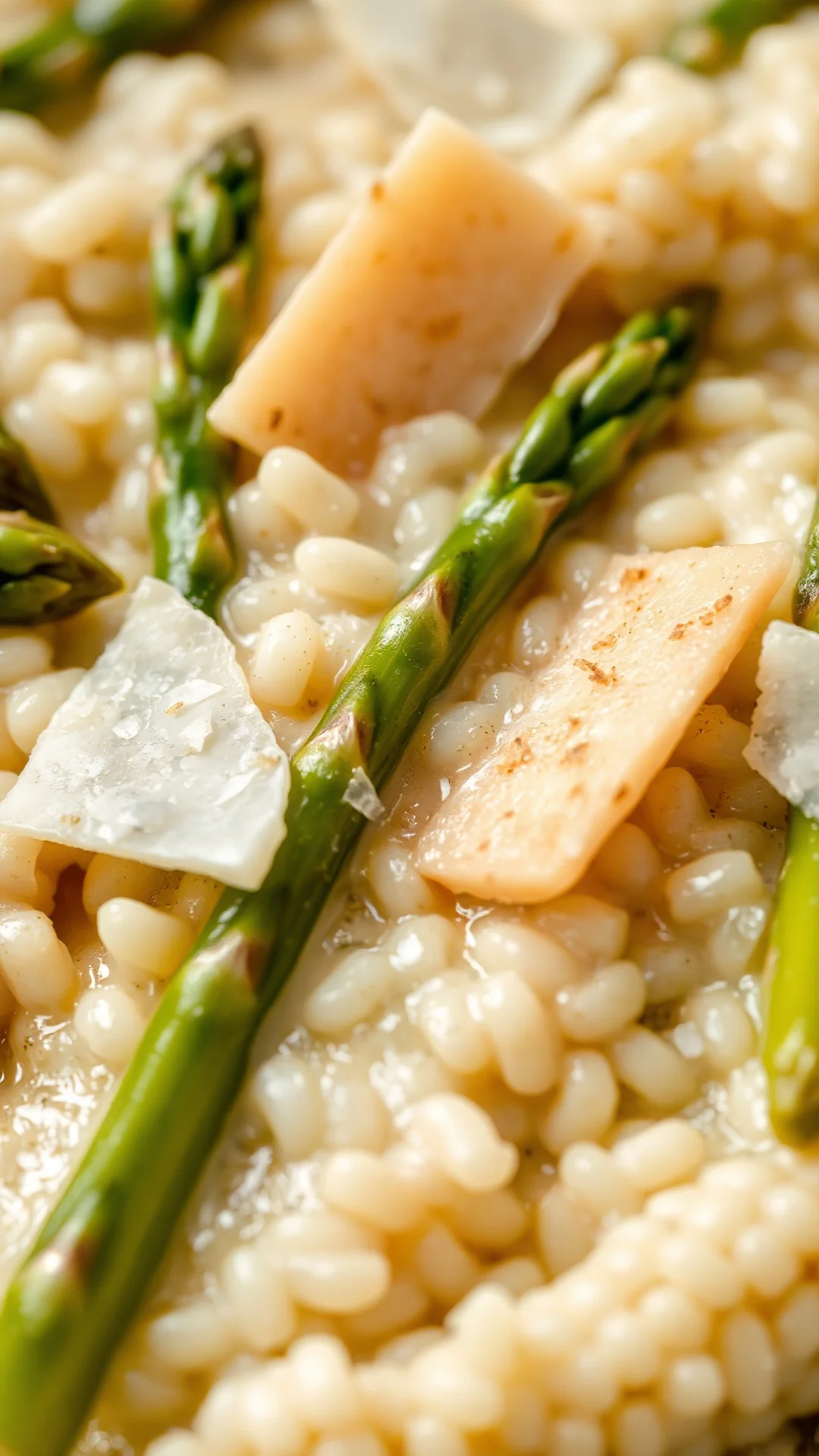 Close-up of creamy risotto with tender green asparagus pieces, parmesan shavings glistening, luxurious texture detail, profes